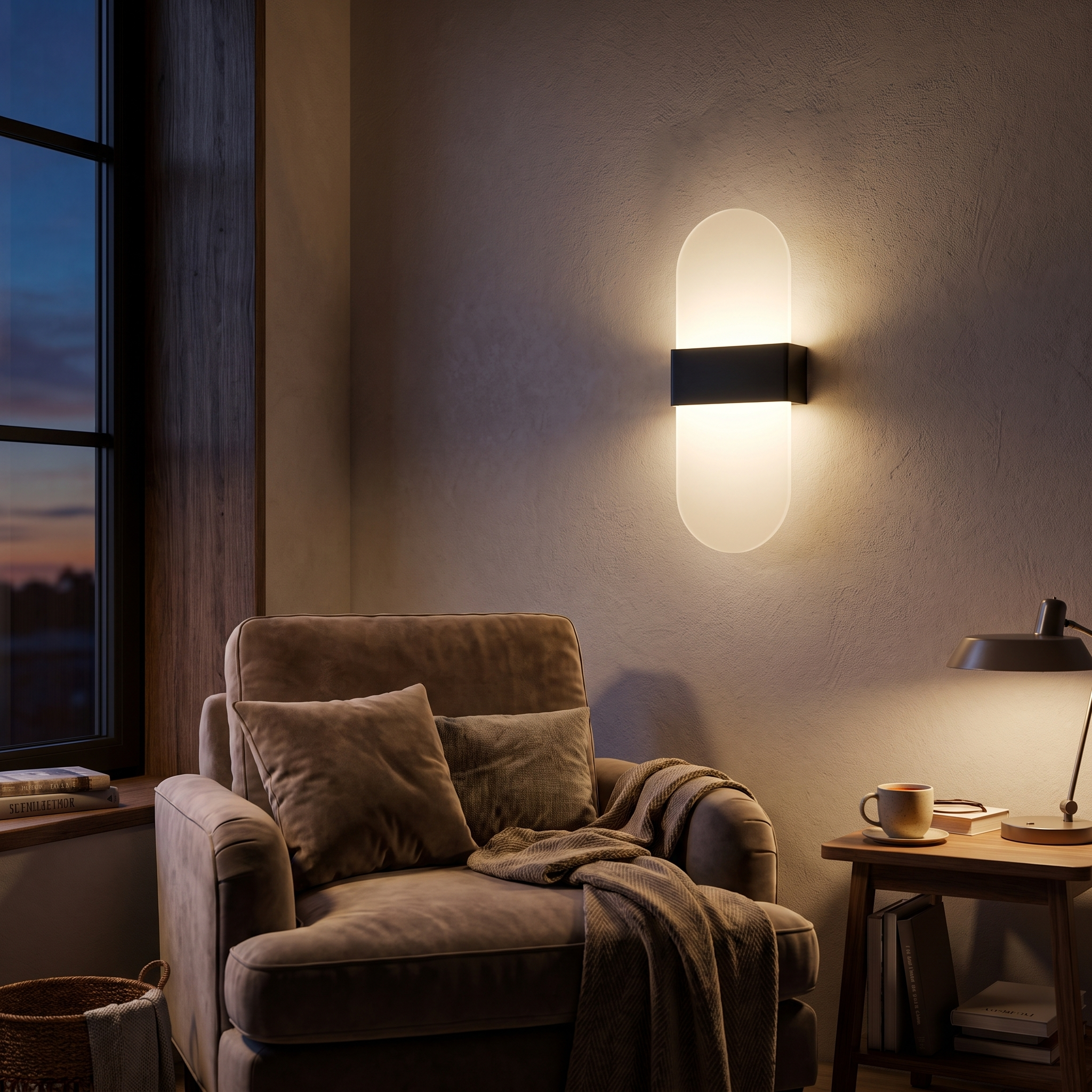 Round black acrylic wall sconce beside a cozy armchair reading nook