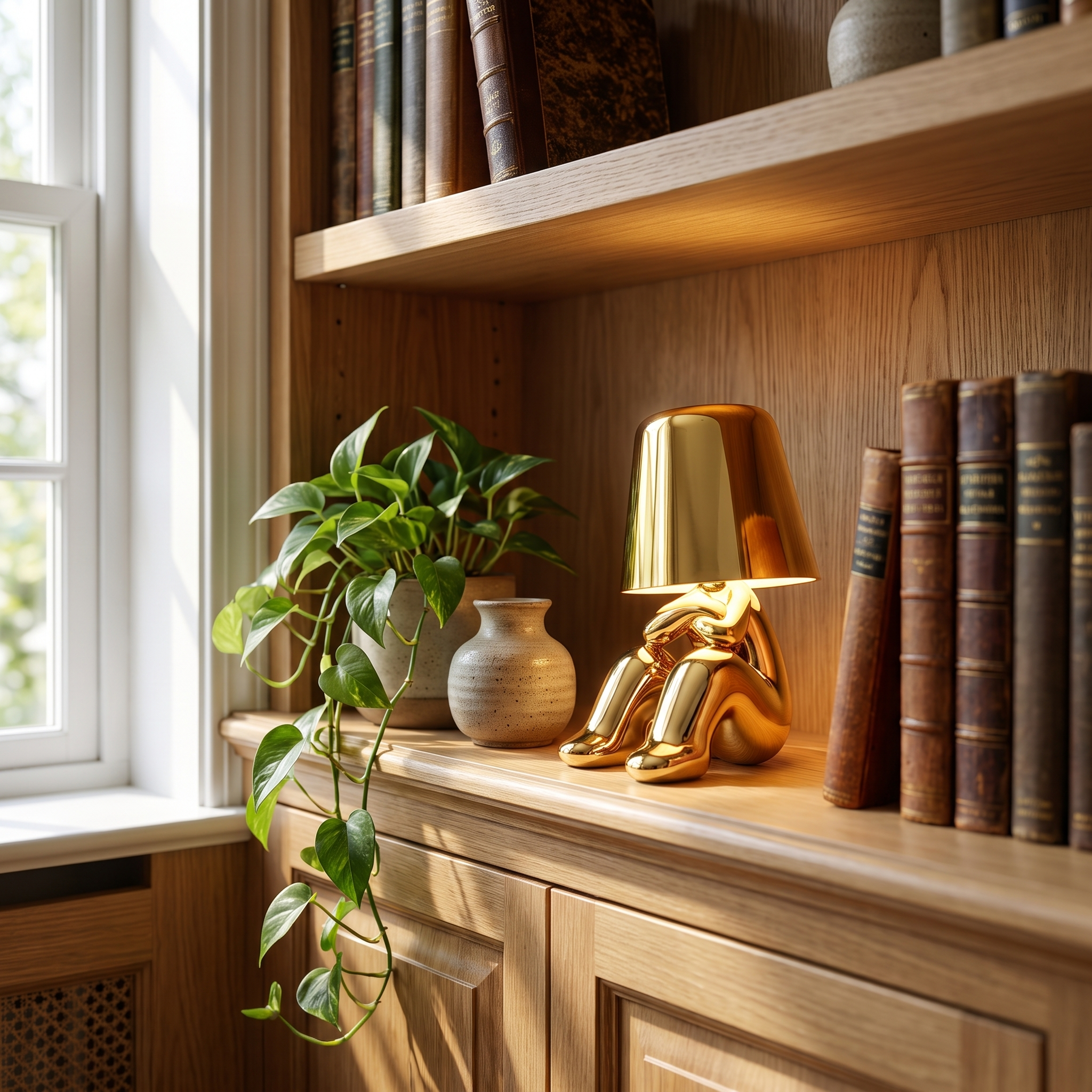 Gold thinker statuette lamp on a styled bookshelf among books and a trailing plant in bright daylight