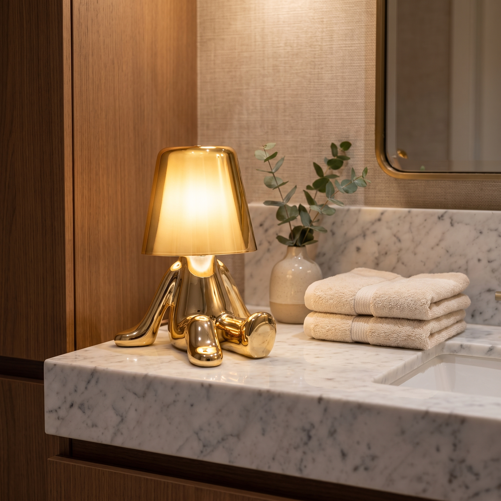 Gold sitting statuette lamp on a marble bathroom vanity with folded towels and soft warm light