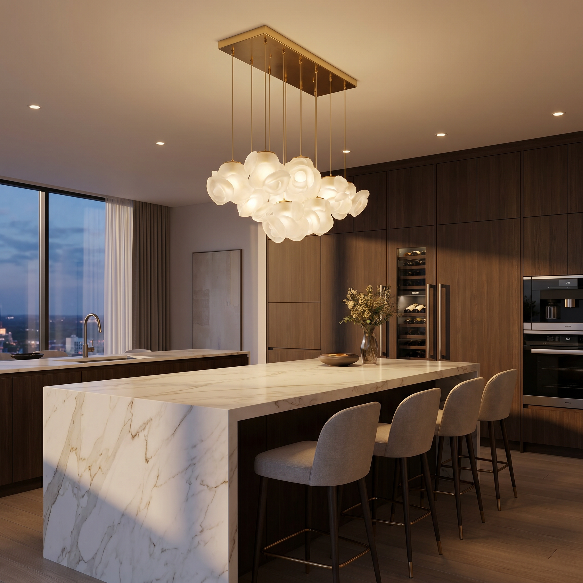 Nuvola Fiorita frosted-glass bloom-cluster chandelier flush-mounted above a marble kitchen island, warm evening