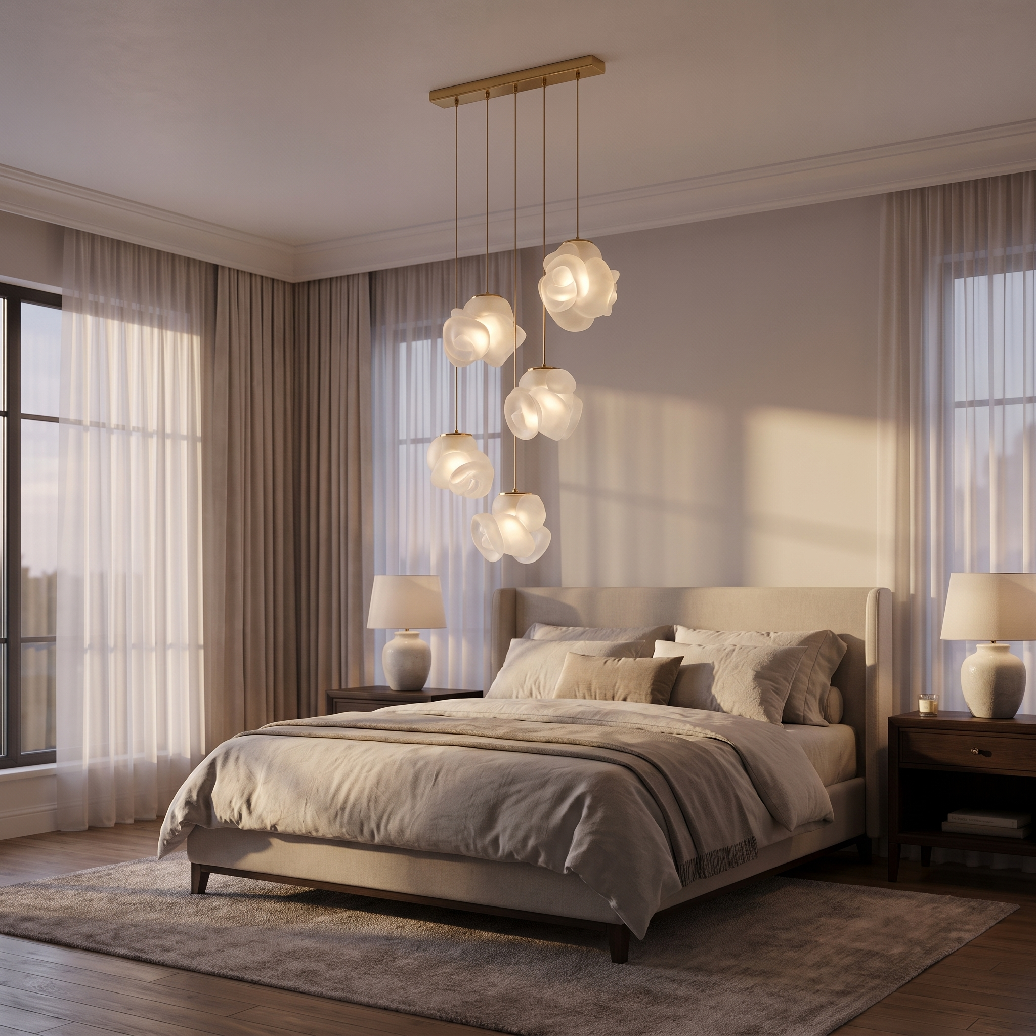 Nuvola Fiorita frosted-glass bloom-cluster chandelier flush-mounted in an elegant primary bedroom at warm dusk