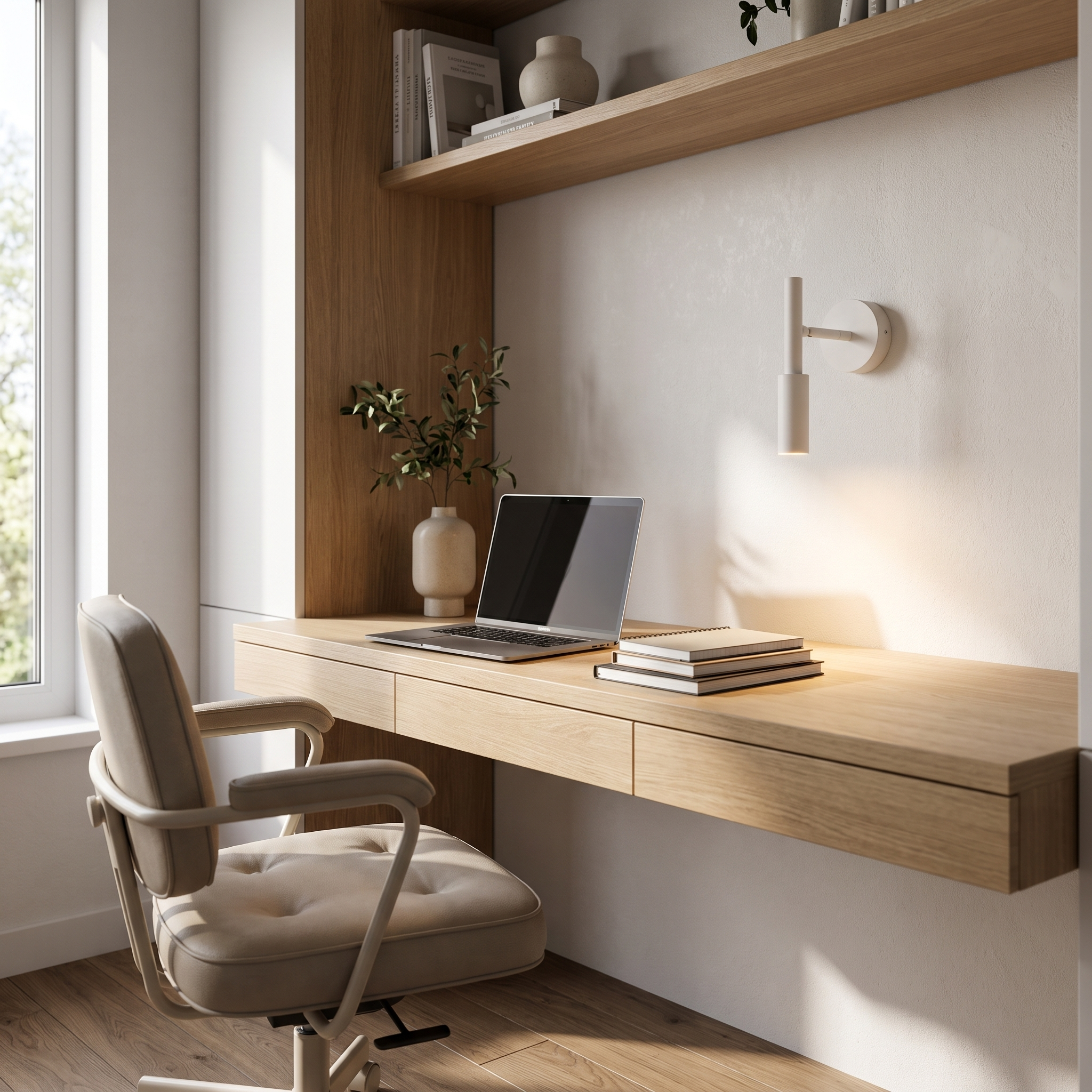 White swing-arm reading light beside a home-office desk with built-in shelf, daytime