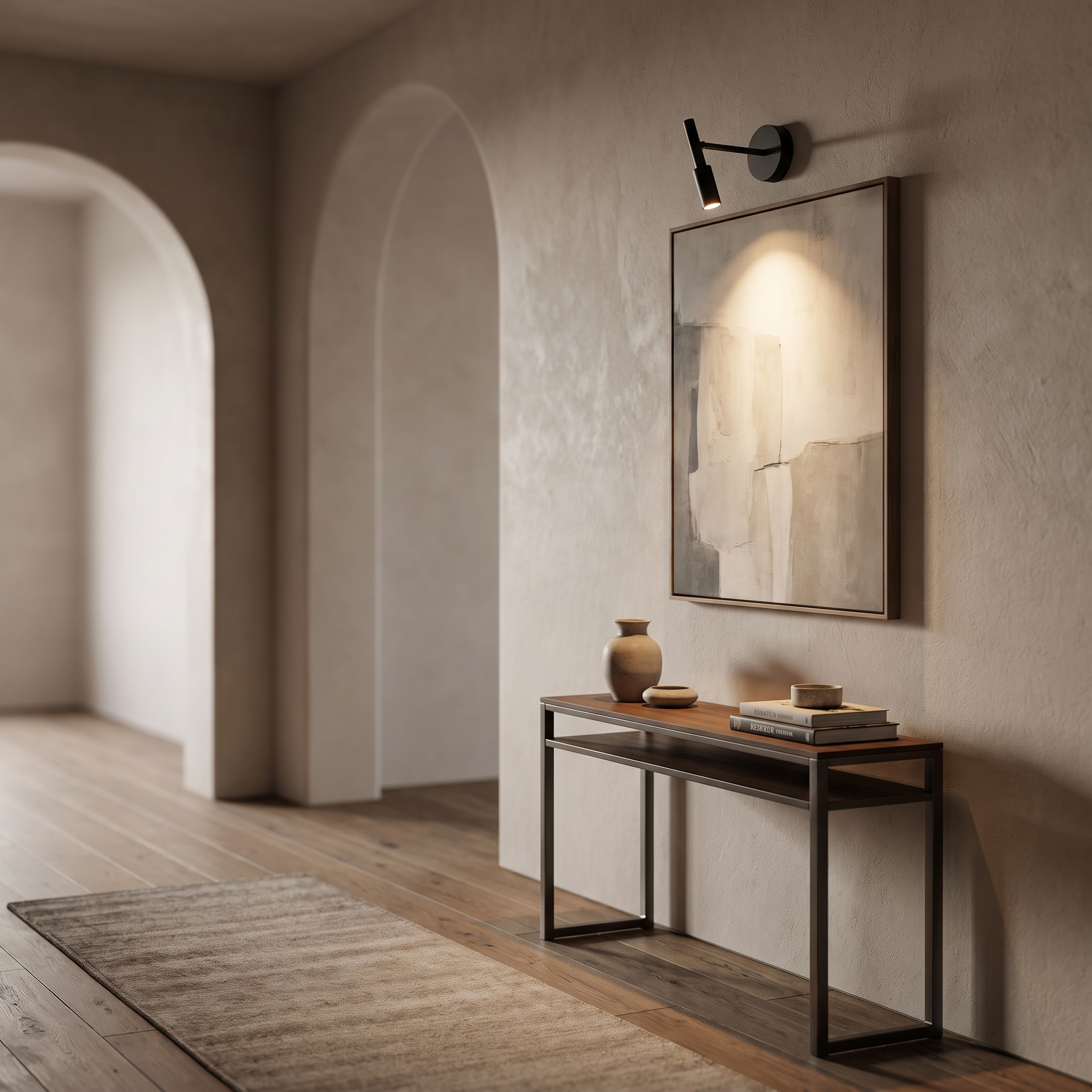 Black swing-arm reading light in a hallway beside framed art and a console table, warm