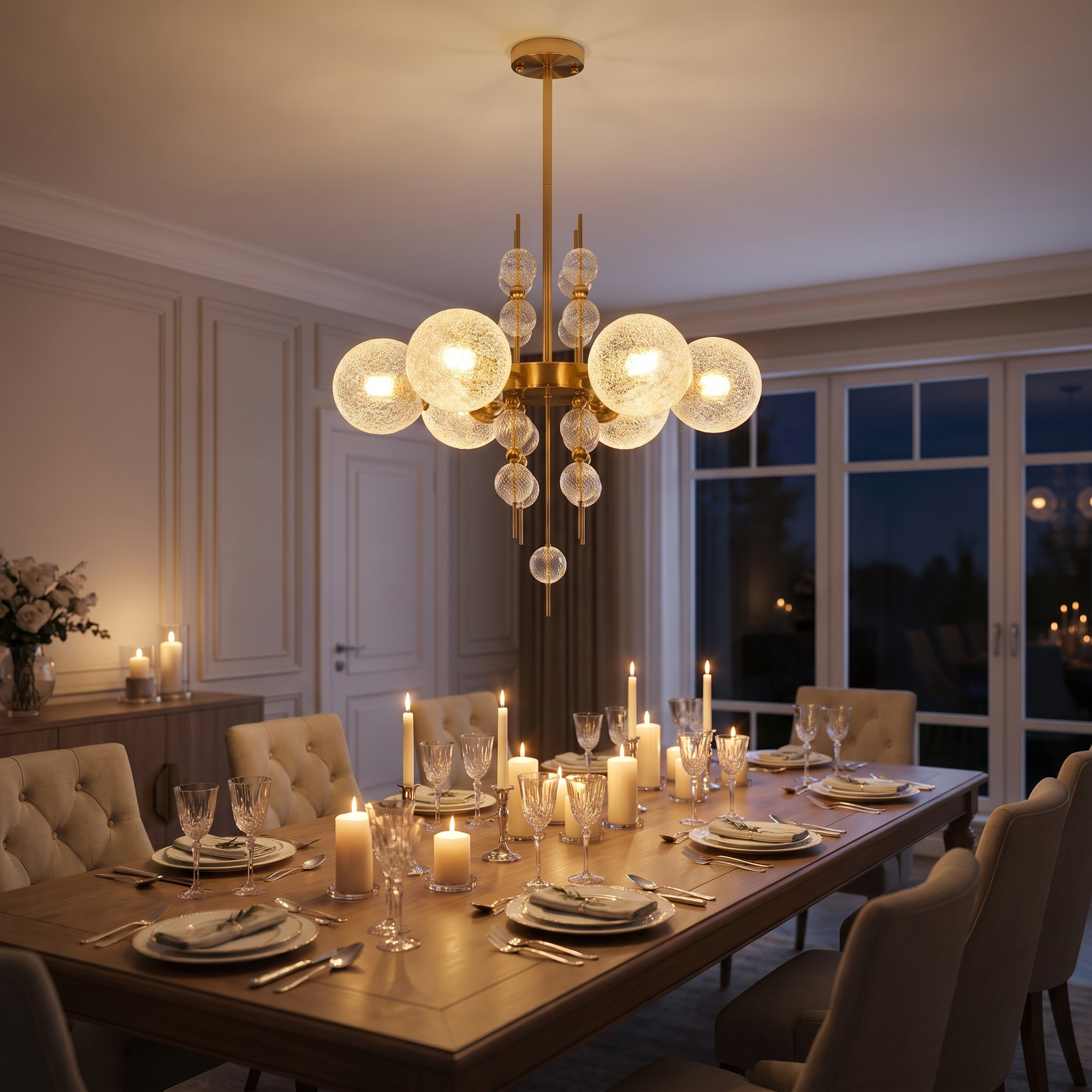 Glass bubble chandelier with gold hardware over an elegant candlelit dining table, warm evening