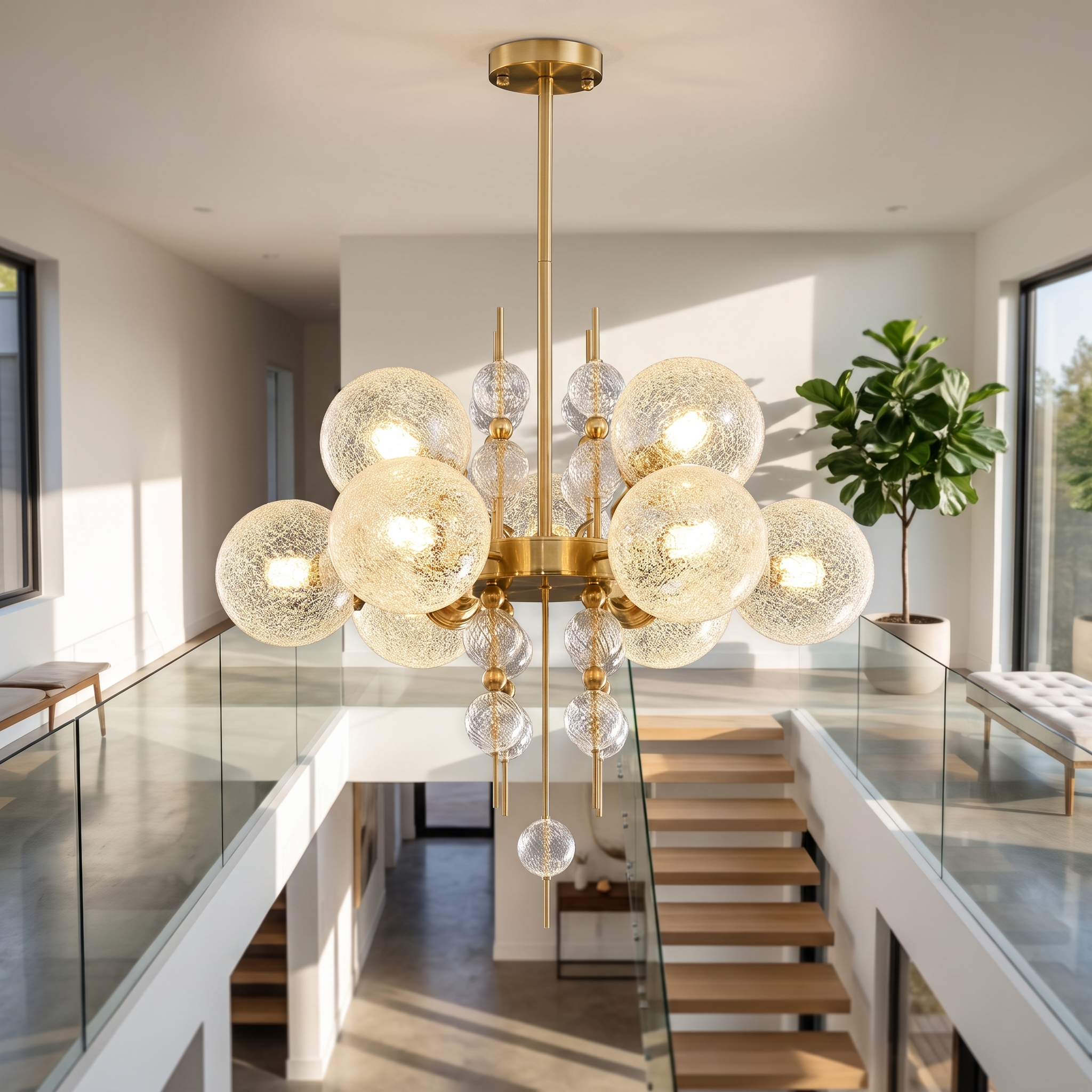 Glass bubble chandelier with gold hardware cascading down a bright modern stairwell, daytime