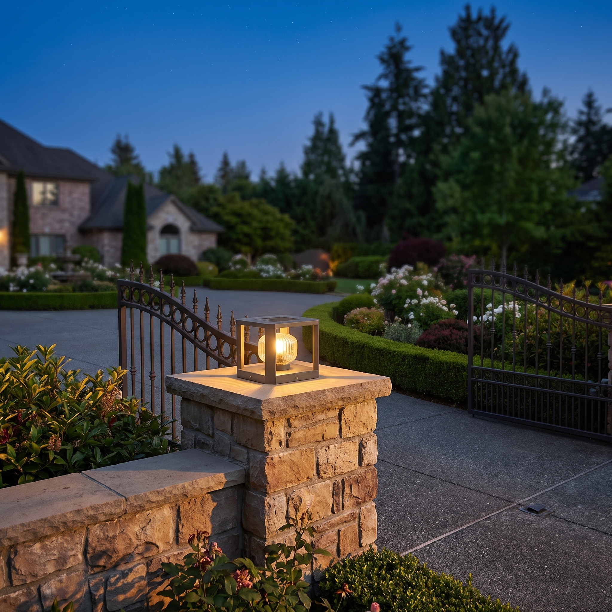 Sera Dorata solar pillar light glowing warm atop a stone gate pillar at a home entrance at twilight