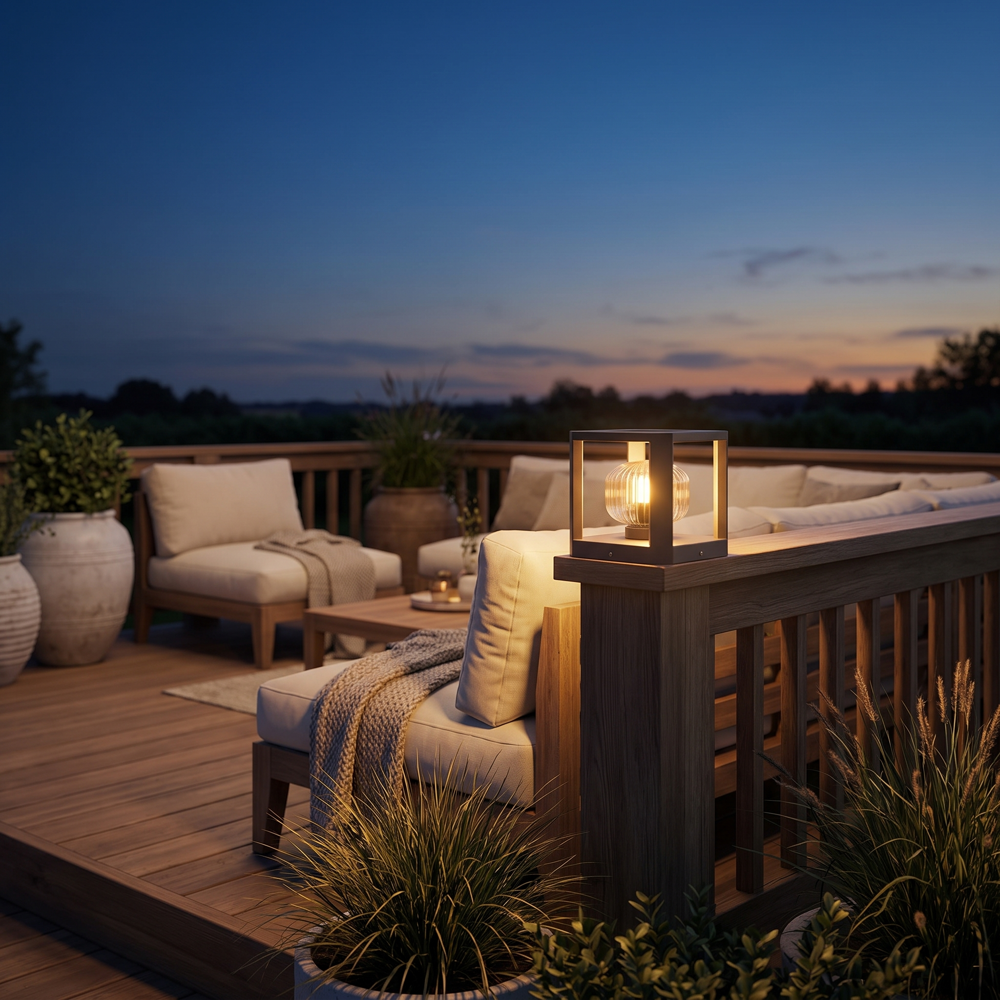 Sera Dorata solar pillar light on a deck railing post beside outdoor seating at dusk