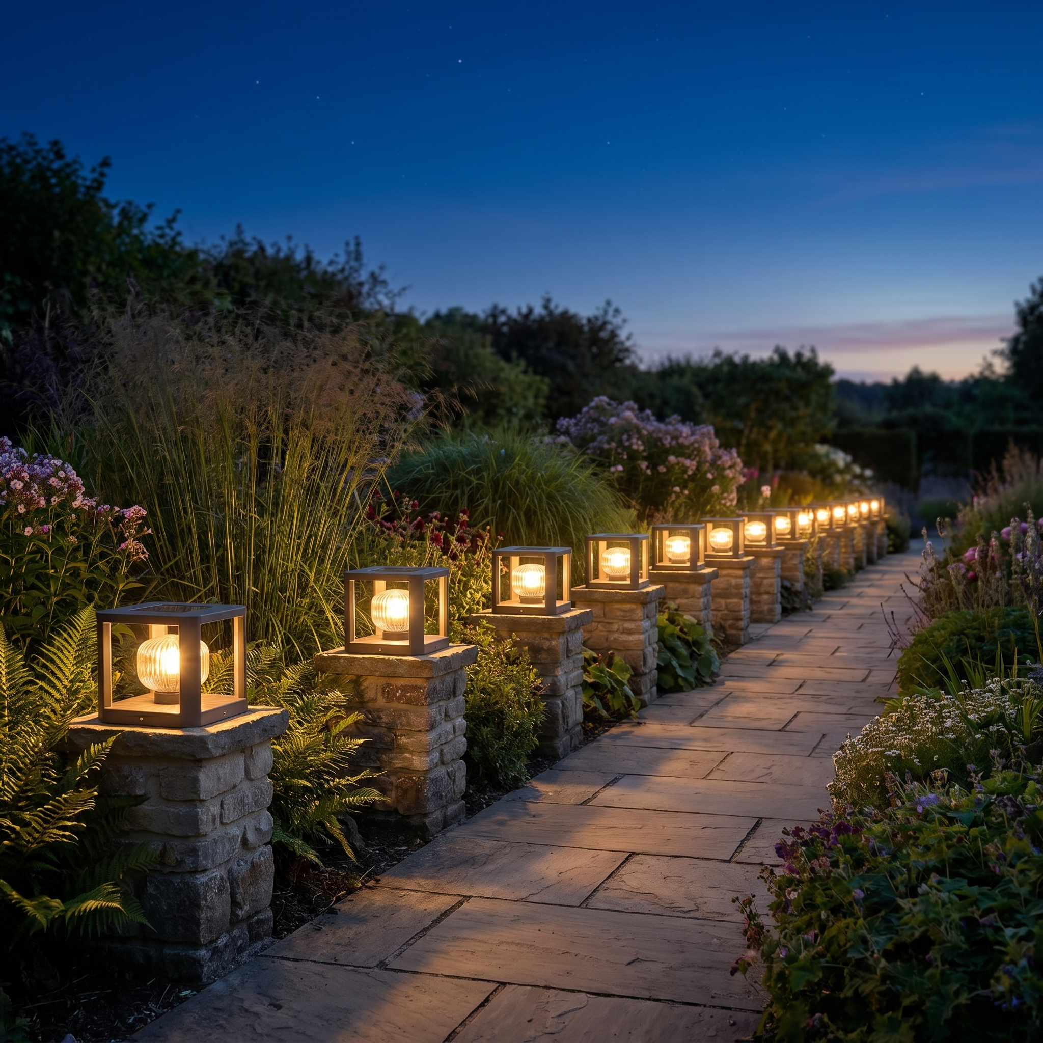 Sera Dorata solar pillar lights lining a garden pathway on low pillars at blue hour