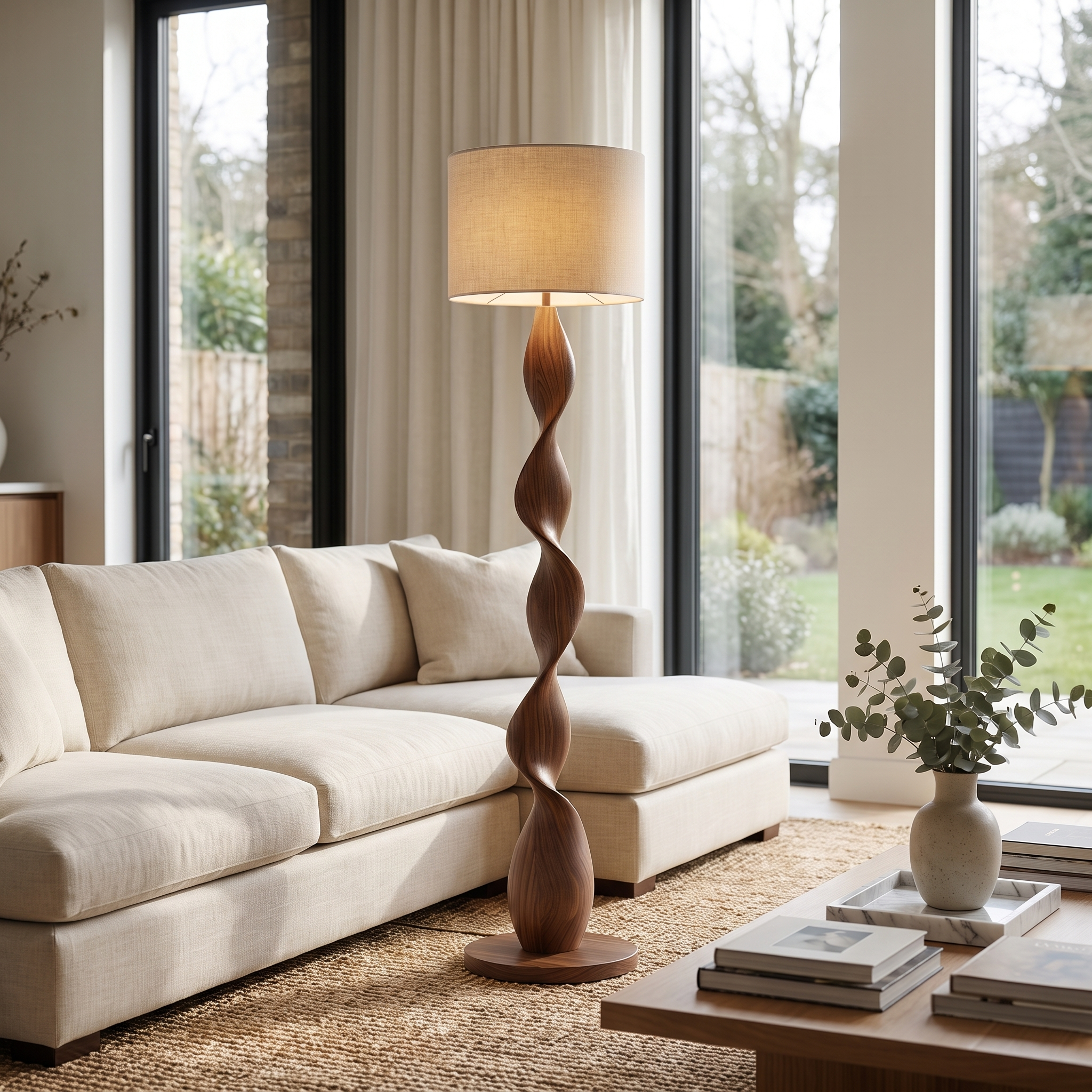 Selva Dorata sculptural carved-wood floor lamp beside a linen sofa in a bright modern living room