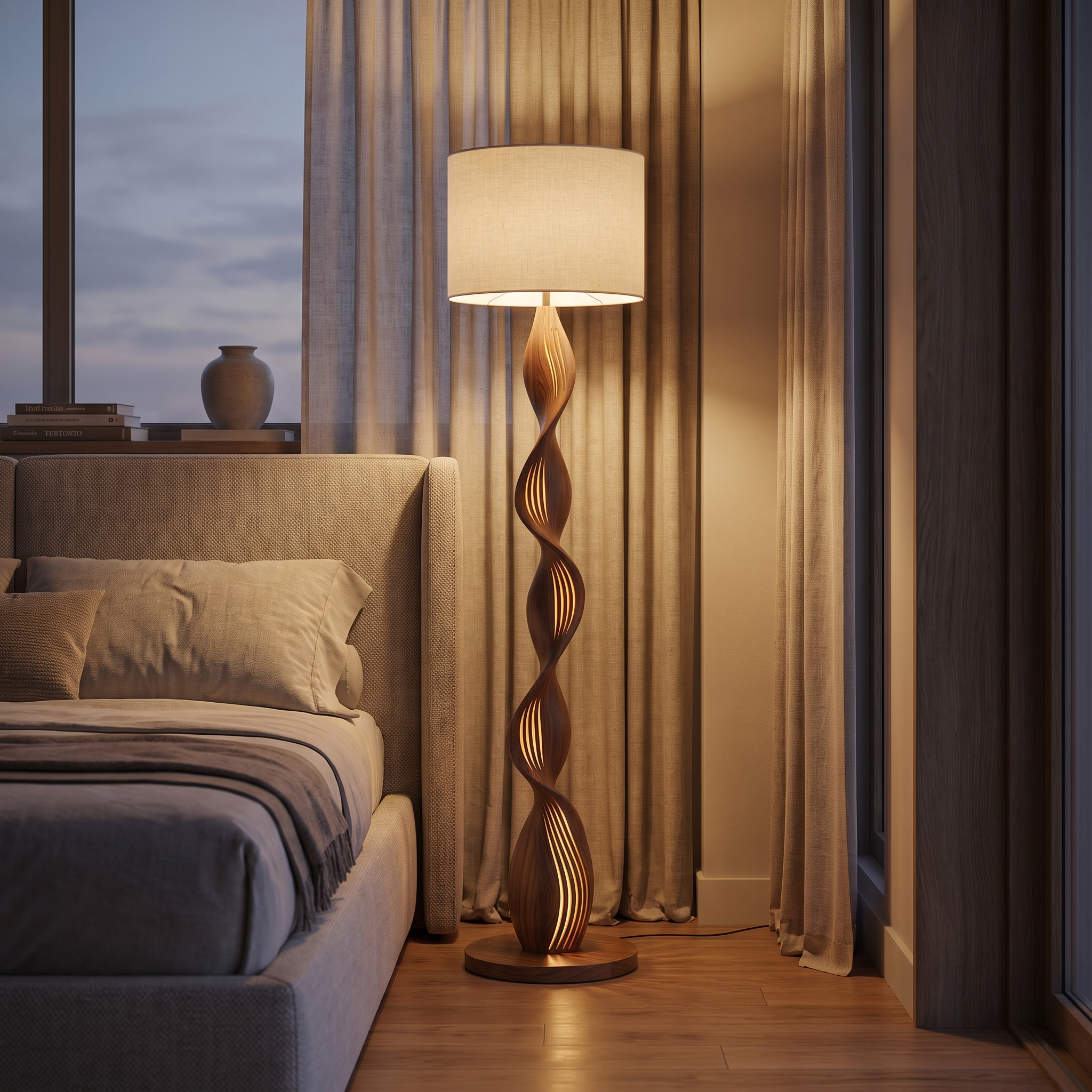 Selva Dorata sculptural carved-wood floor lamp glowing softly beside a bed in a serene bedroom at dusk