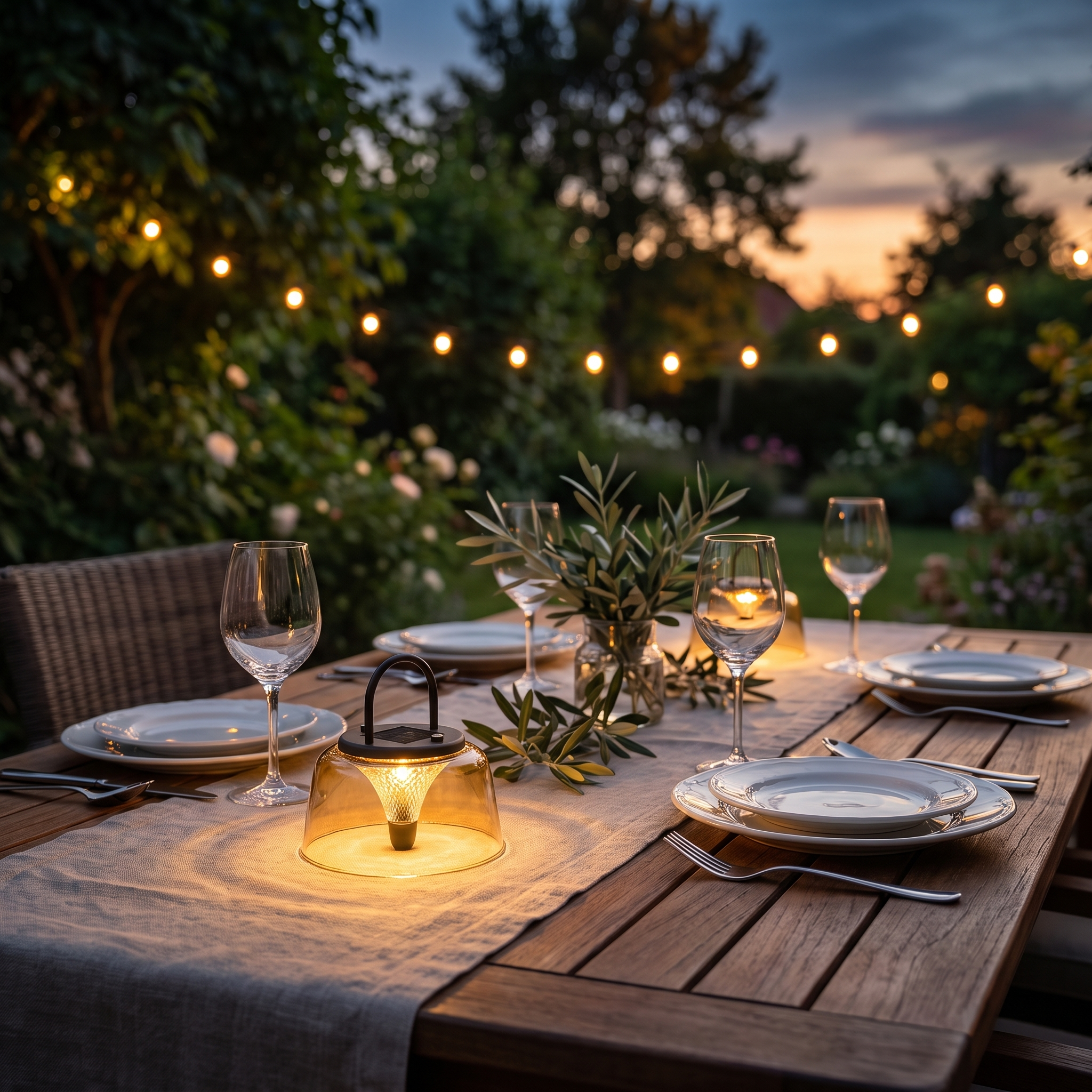 Portable solar lantern glowing warm on an outdoor patio dining table at dusk
