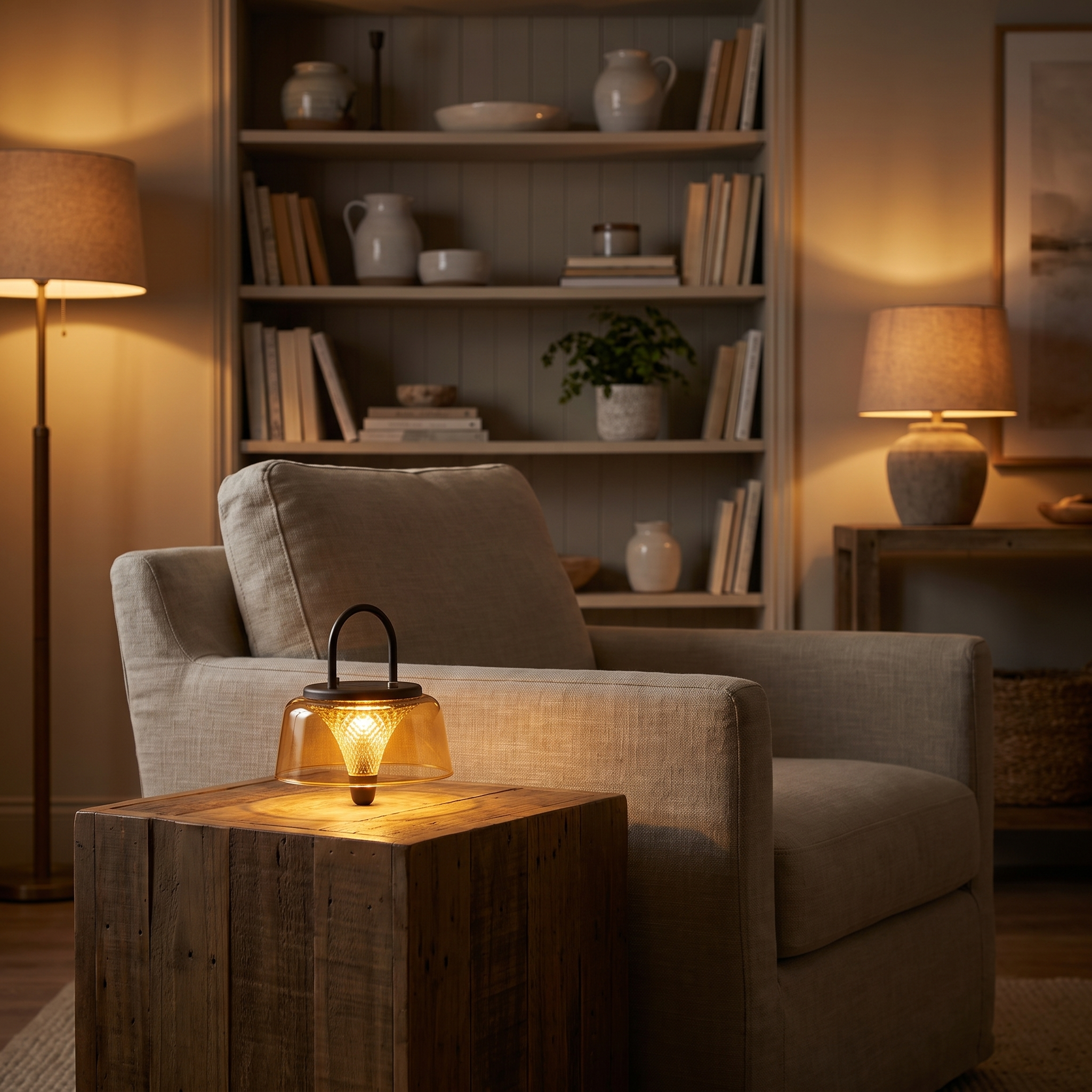 Portable solar lantern glowing on a cozy indoor side table by a bookshelf in the evening