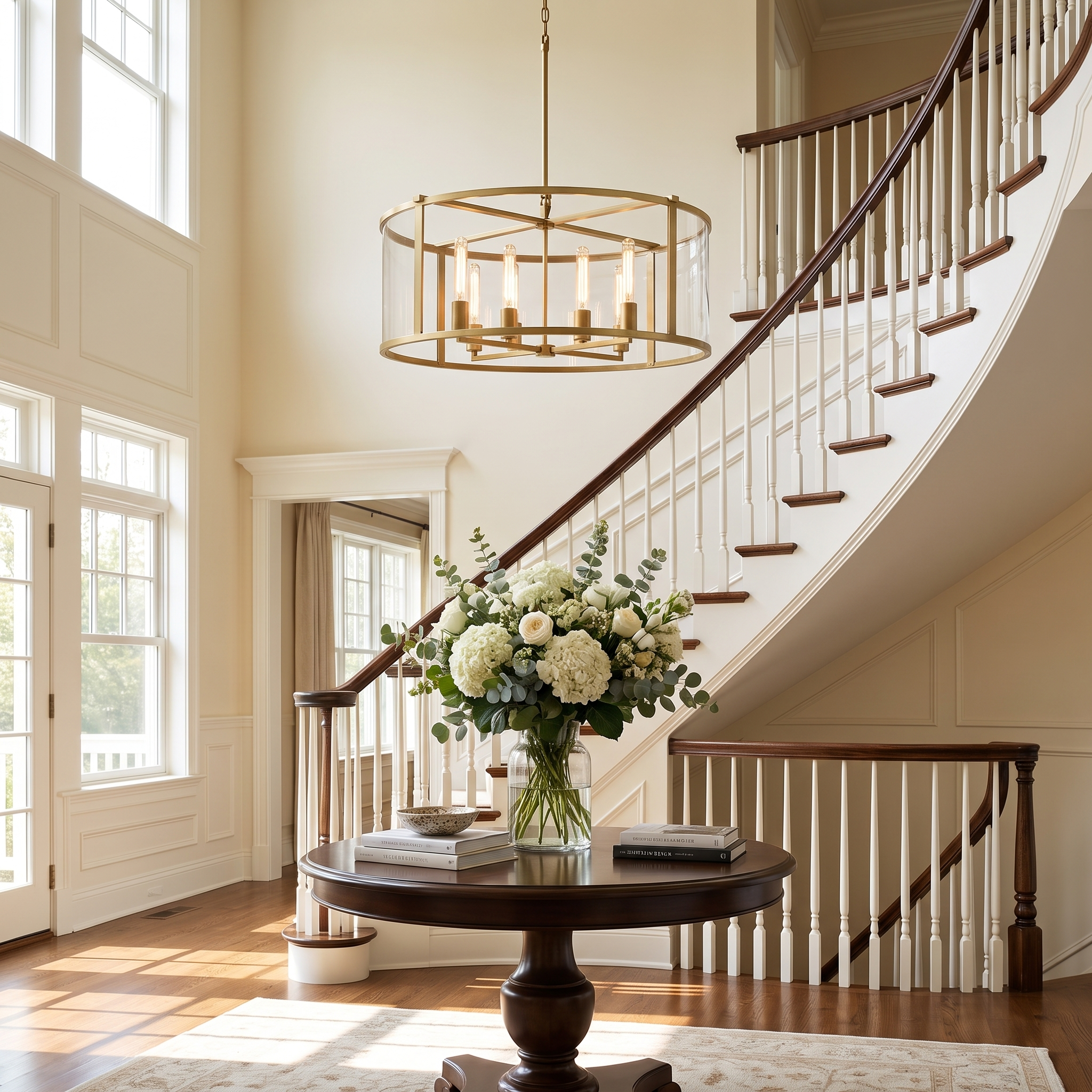 Brass cage drum chandelier in a two-story entryway foyer over a round table