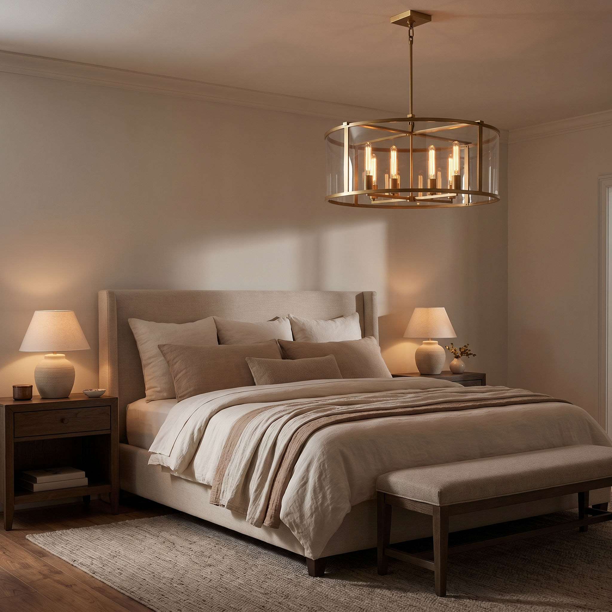 Brass cage drum chandelier in a serene primary bedroom