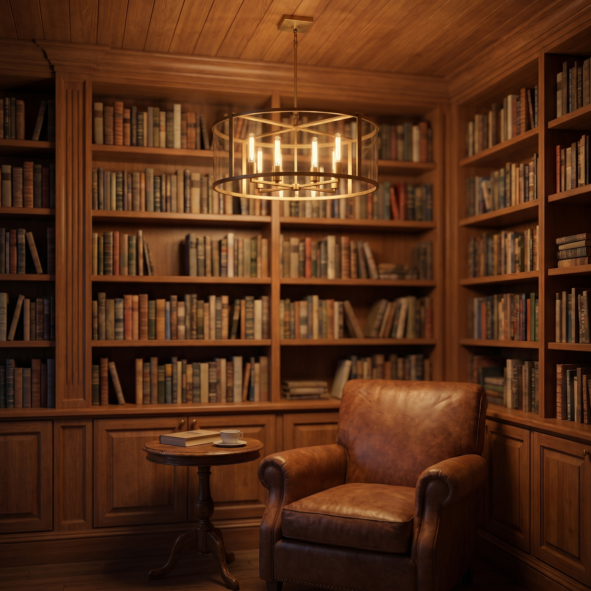 Brass cage drum chandelier in a warm home library reading nook