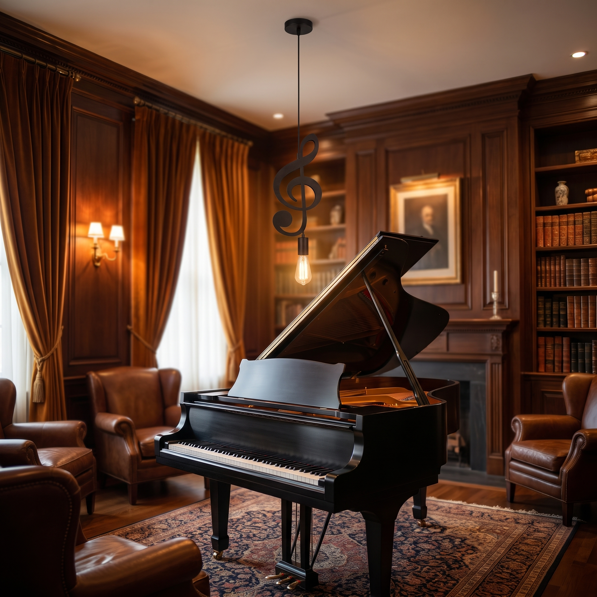 Black treble-clef pendant light over a grand piano