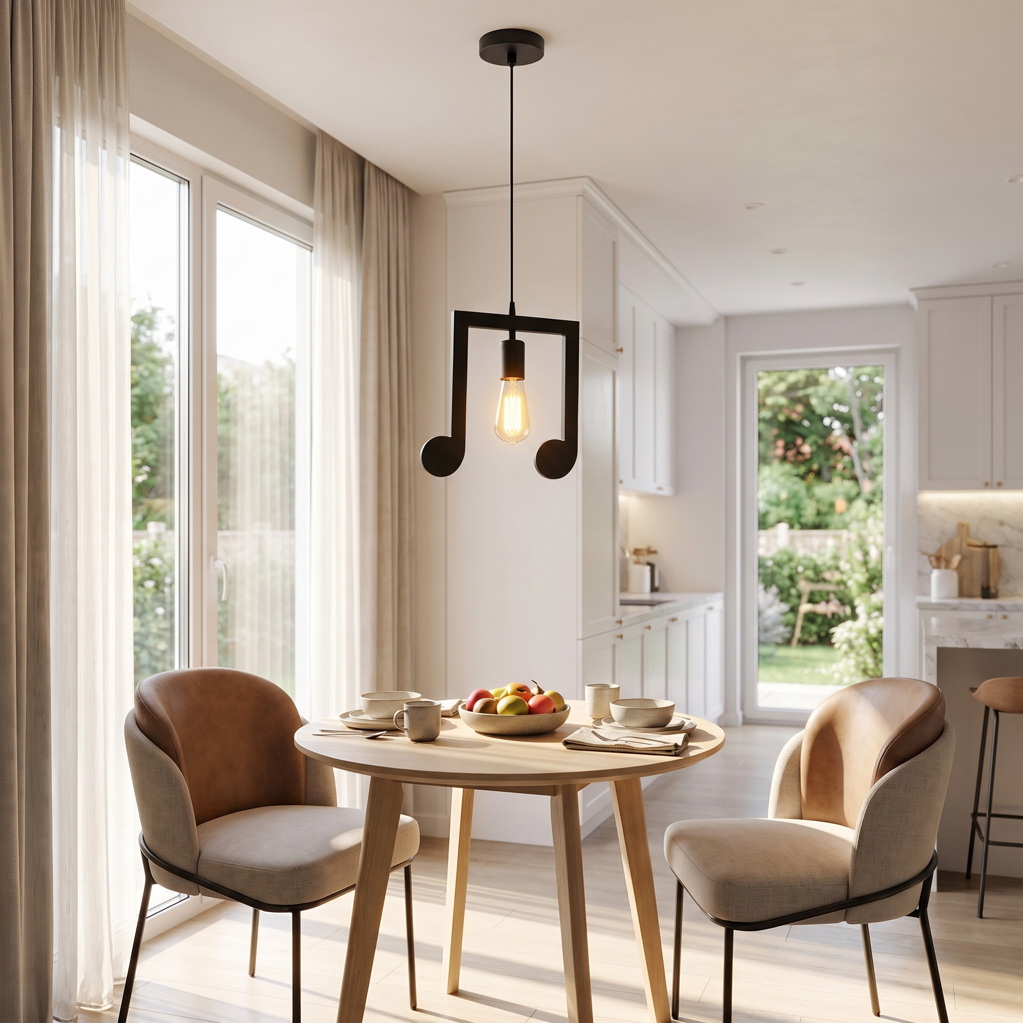 Black beamed-notes pendant light over a breakfast nook table