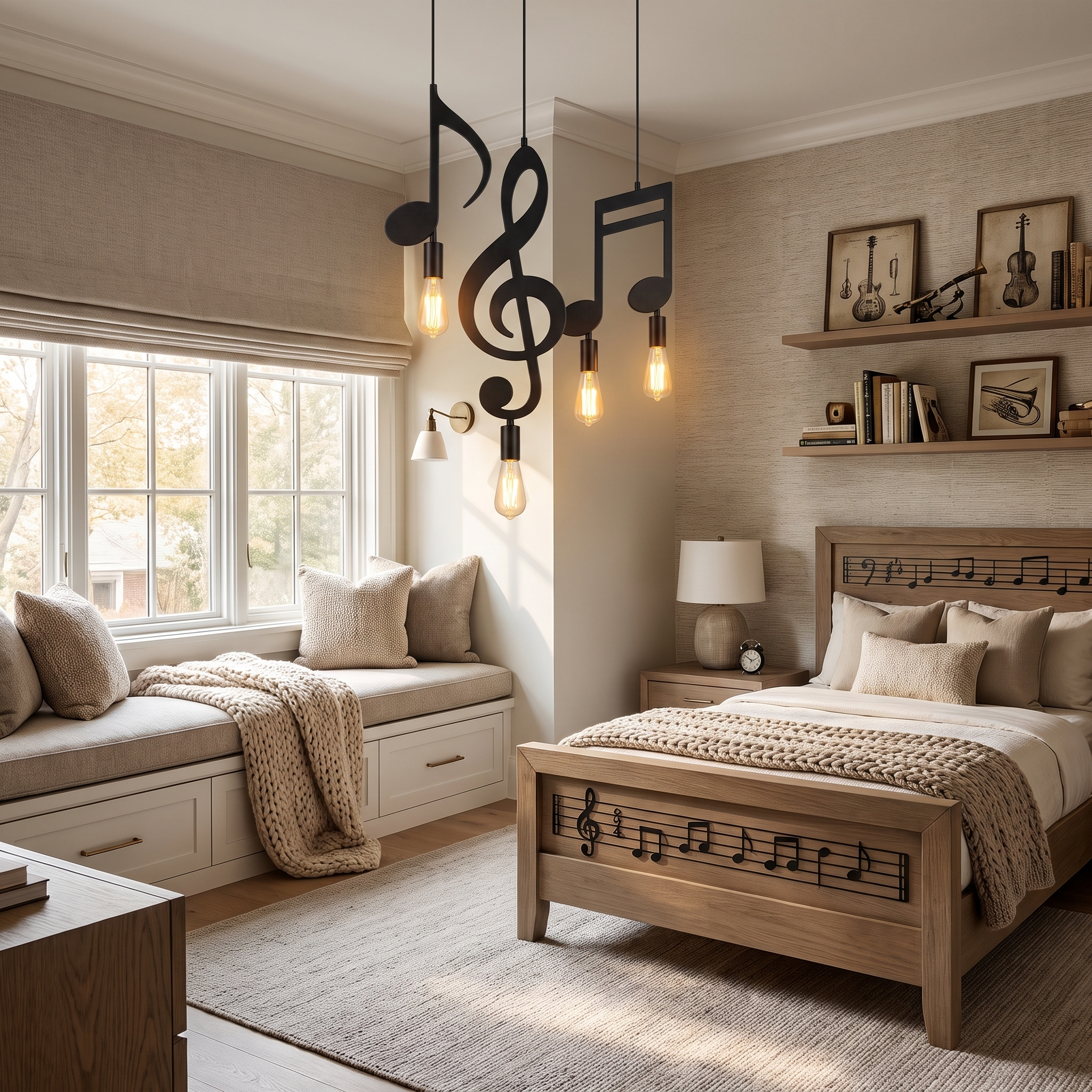 Cluster of music-note pendant lights in a music-themed bedroom