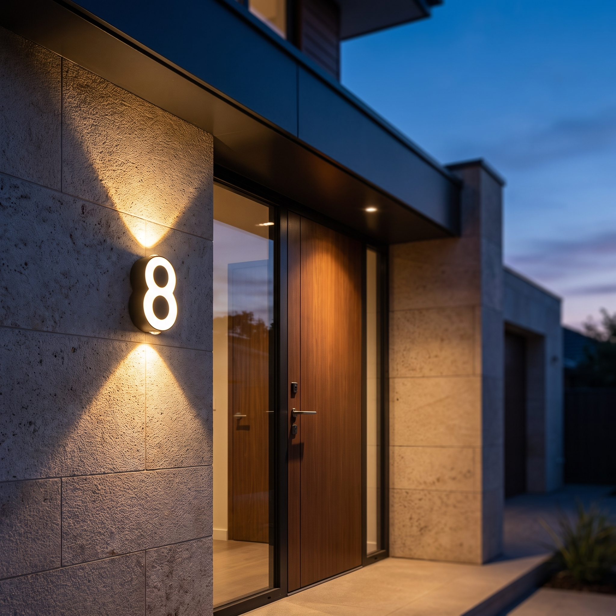 Illuminated house number 8 beside a modern front door at dusk