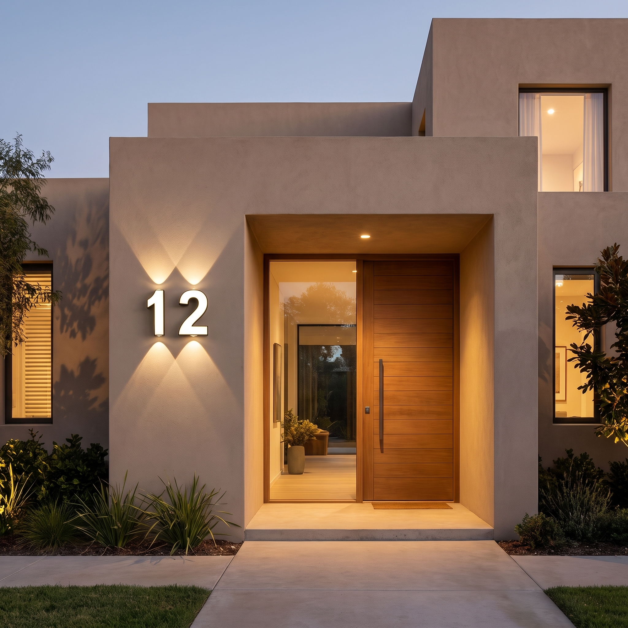 Illuminated house number 12 on a villa facade in the evening