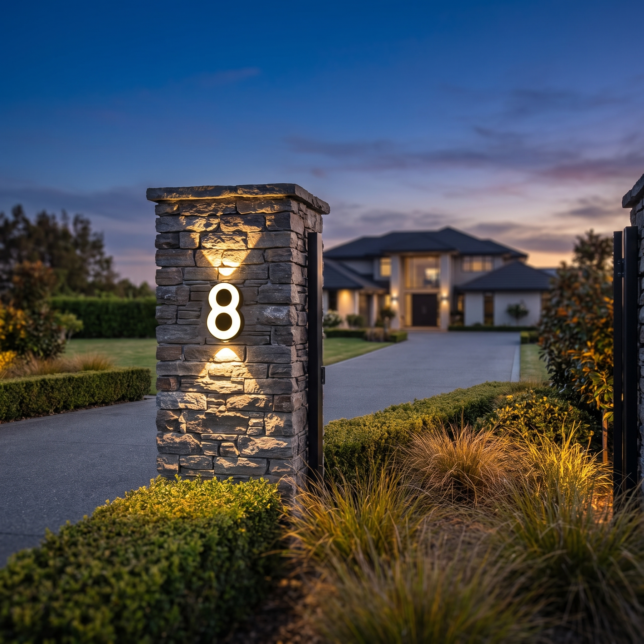 Illuminated house number on a stone gate pillar at twilight