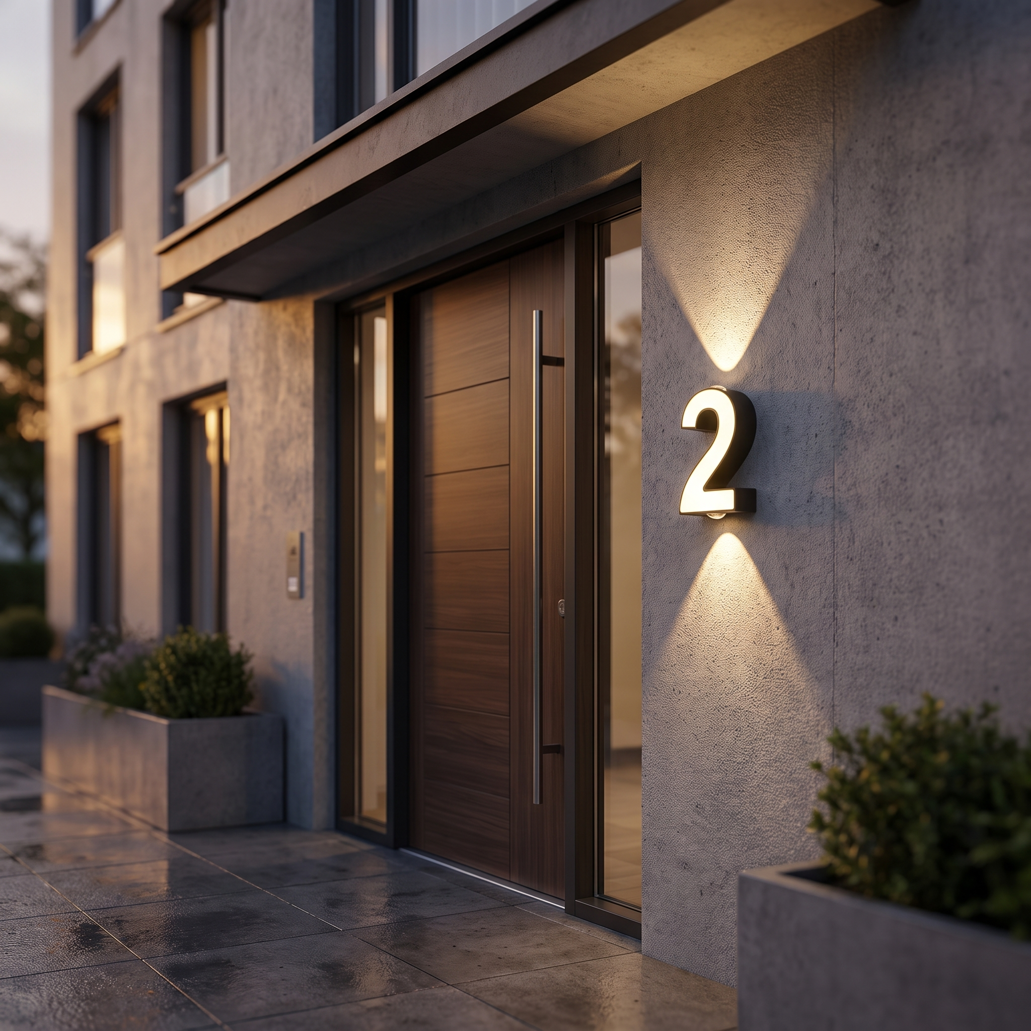 Illuminated house number beside a modern apartment entrance