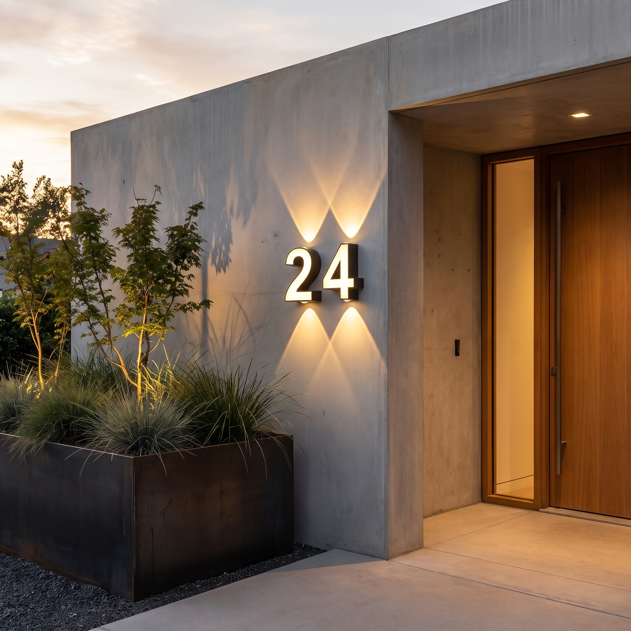 Illuminated house number 24 on a concrete entrance wall in the evening