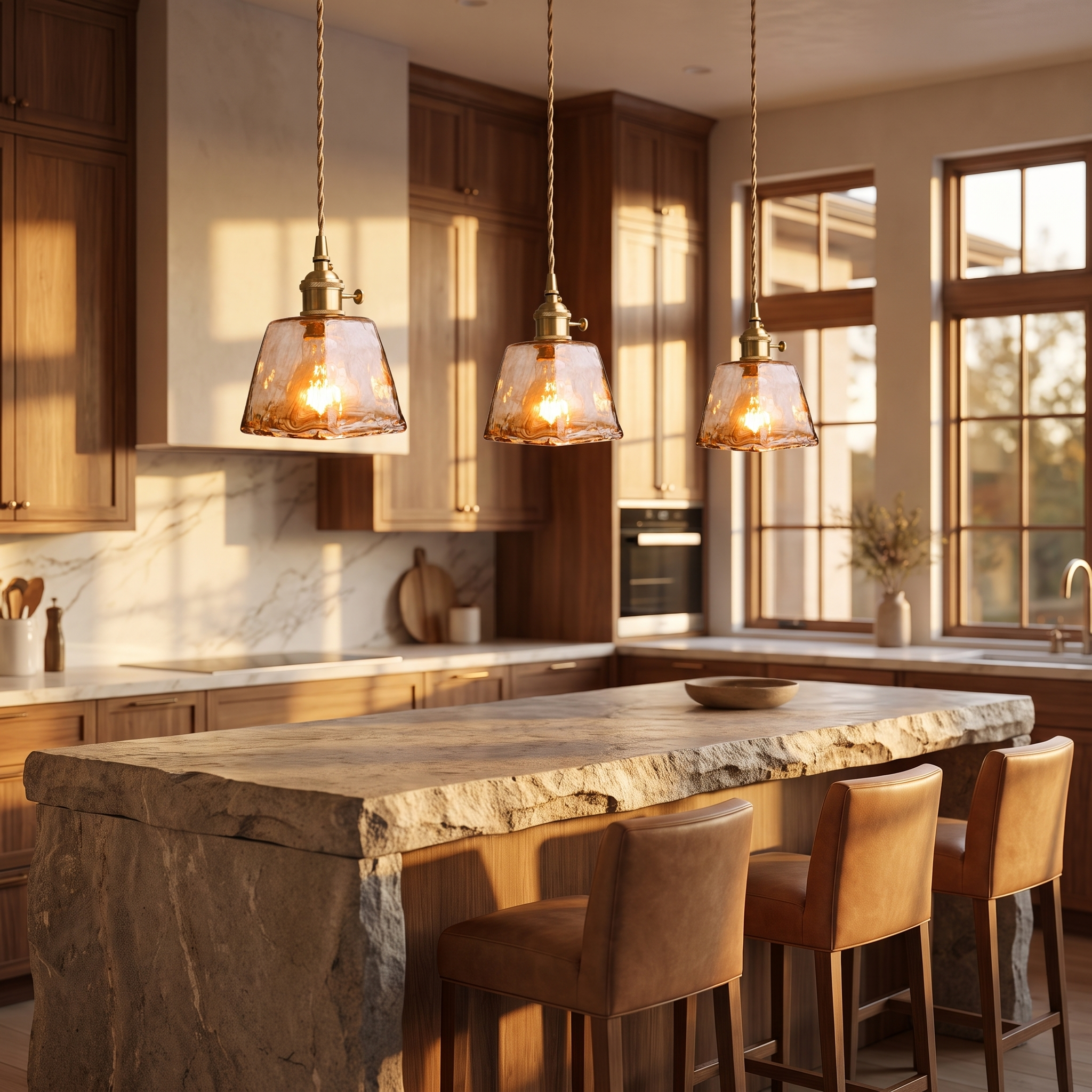 Three amber funnel pendant lights over a kitchen island