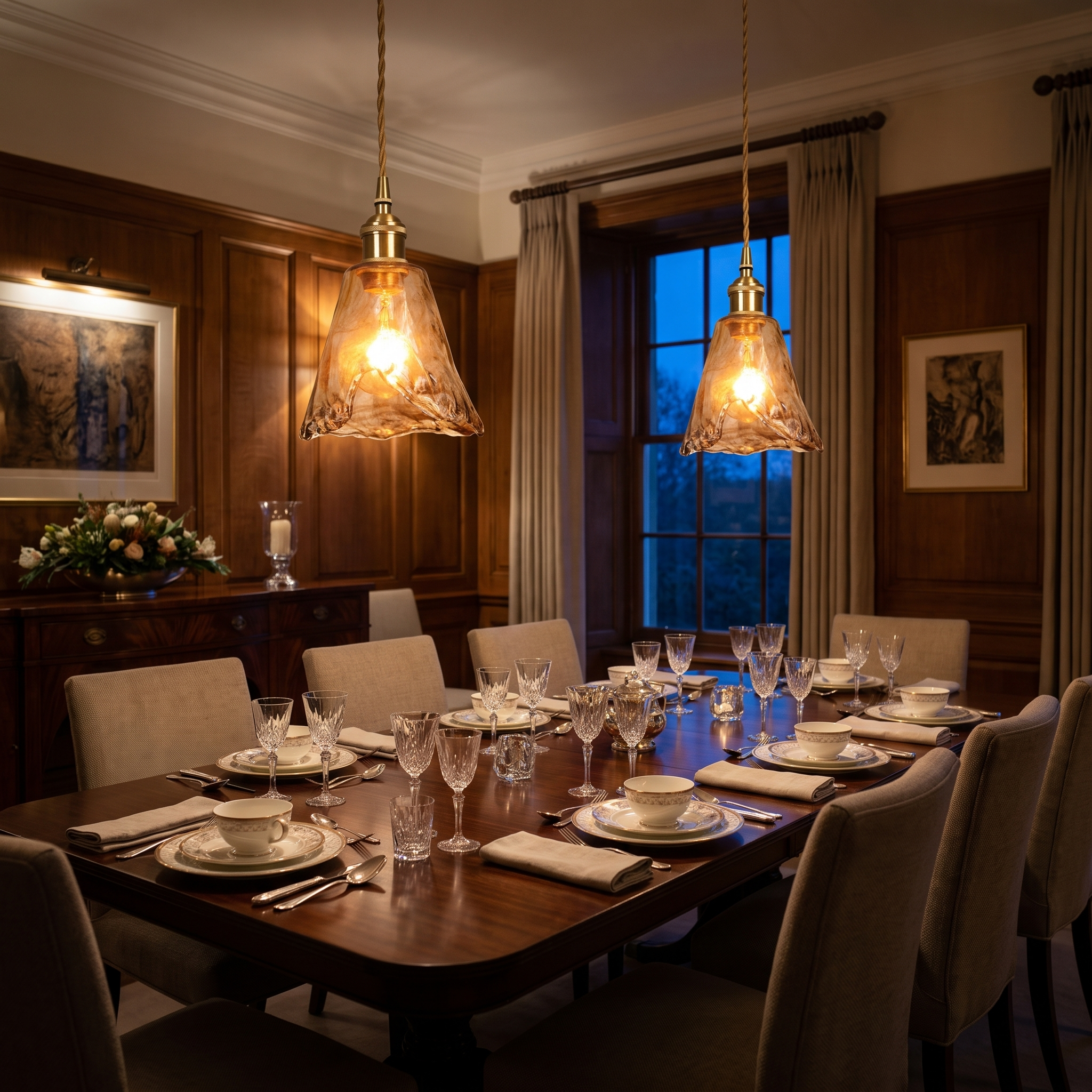 Two amber bell pendant lights over a dining table