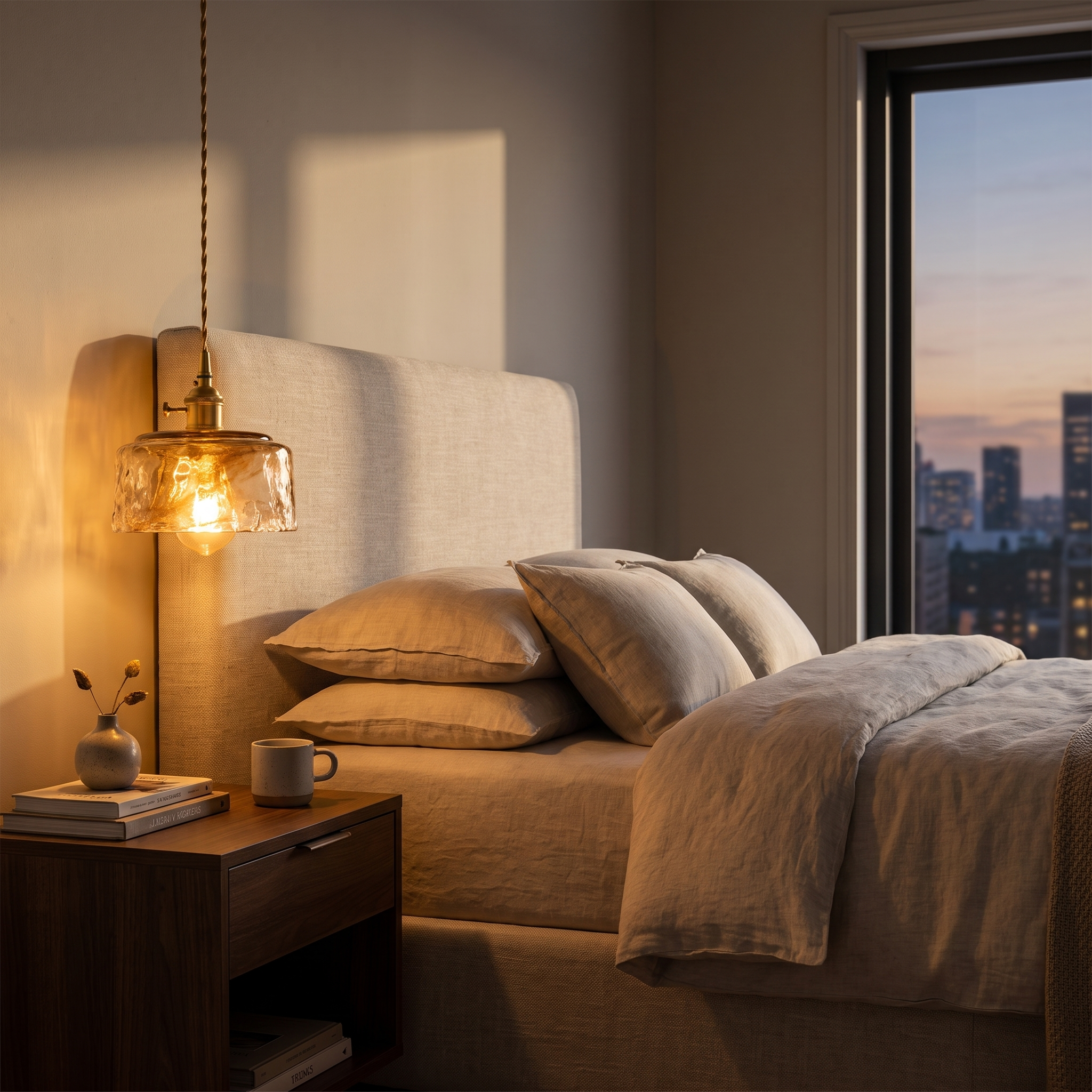 Amber bowl pendant light as a bedside light