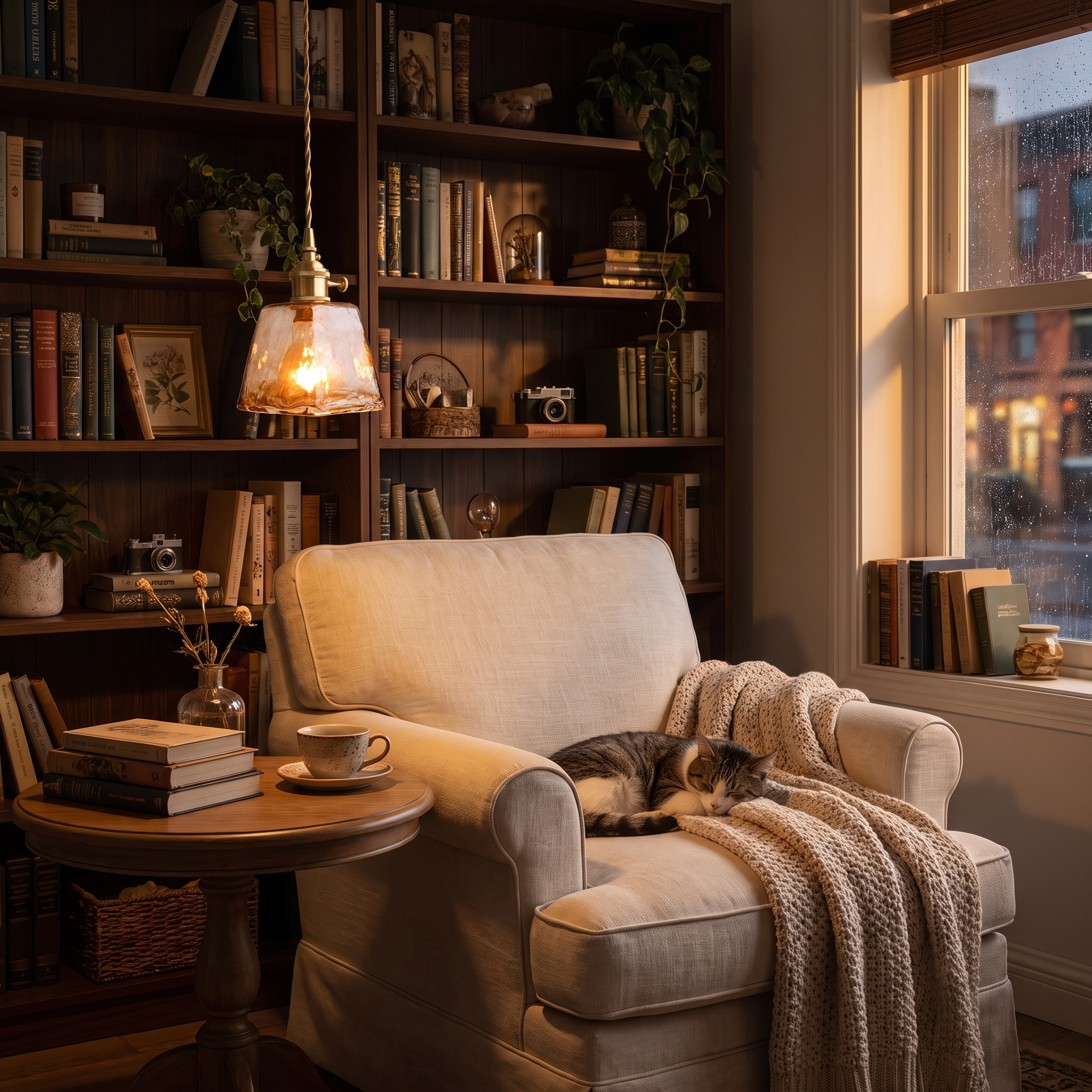 Amber funnel pendant light in a living-room reading corner