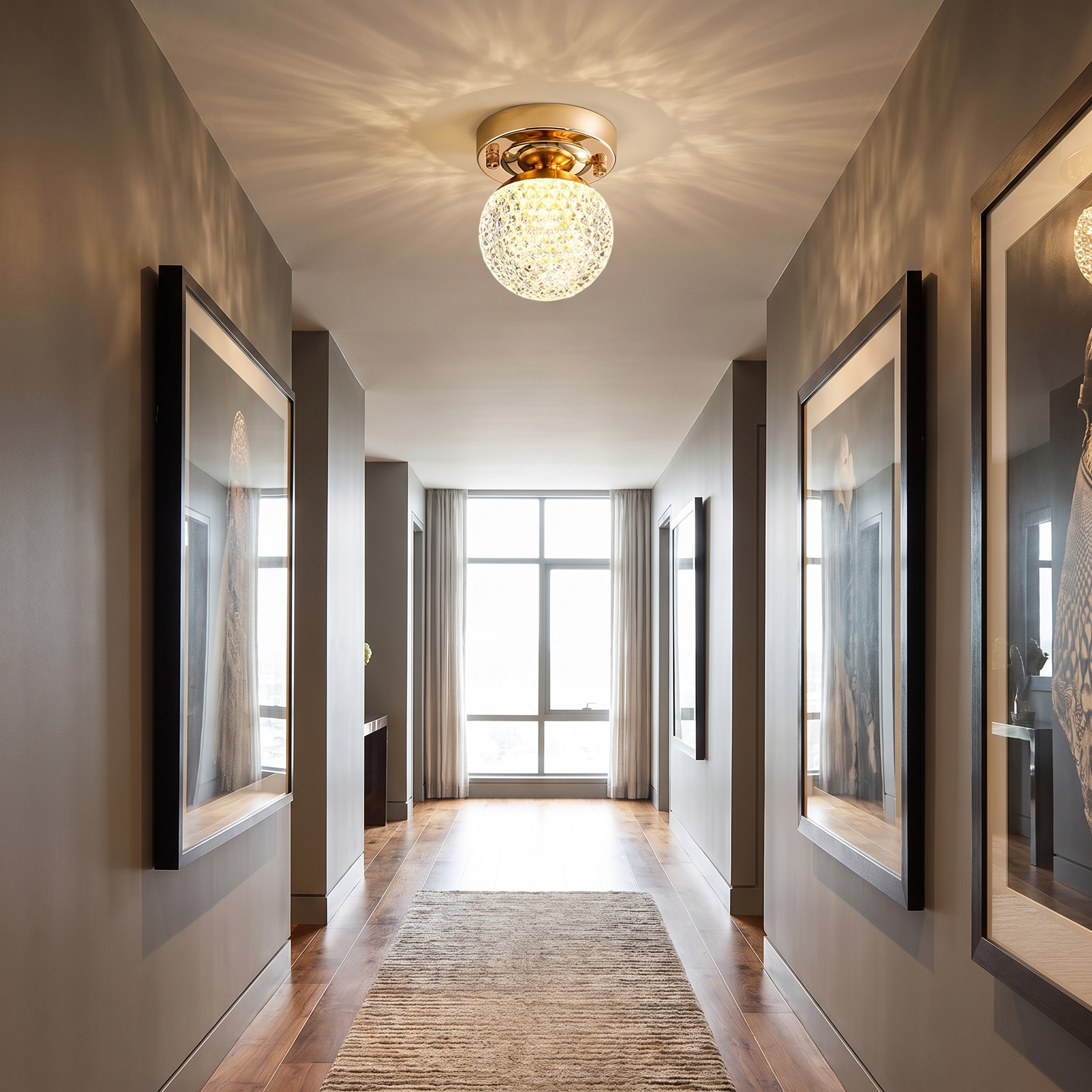 Crystal ball ceiling light in a modern hallway