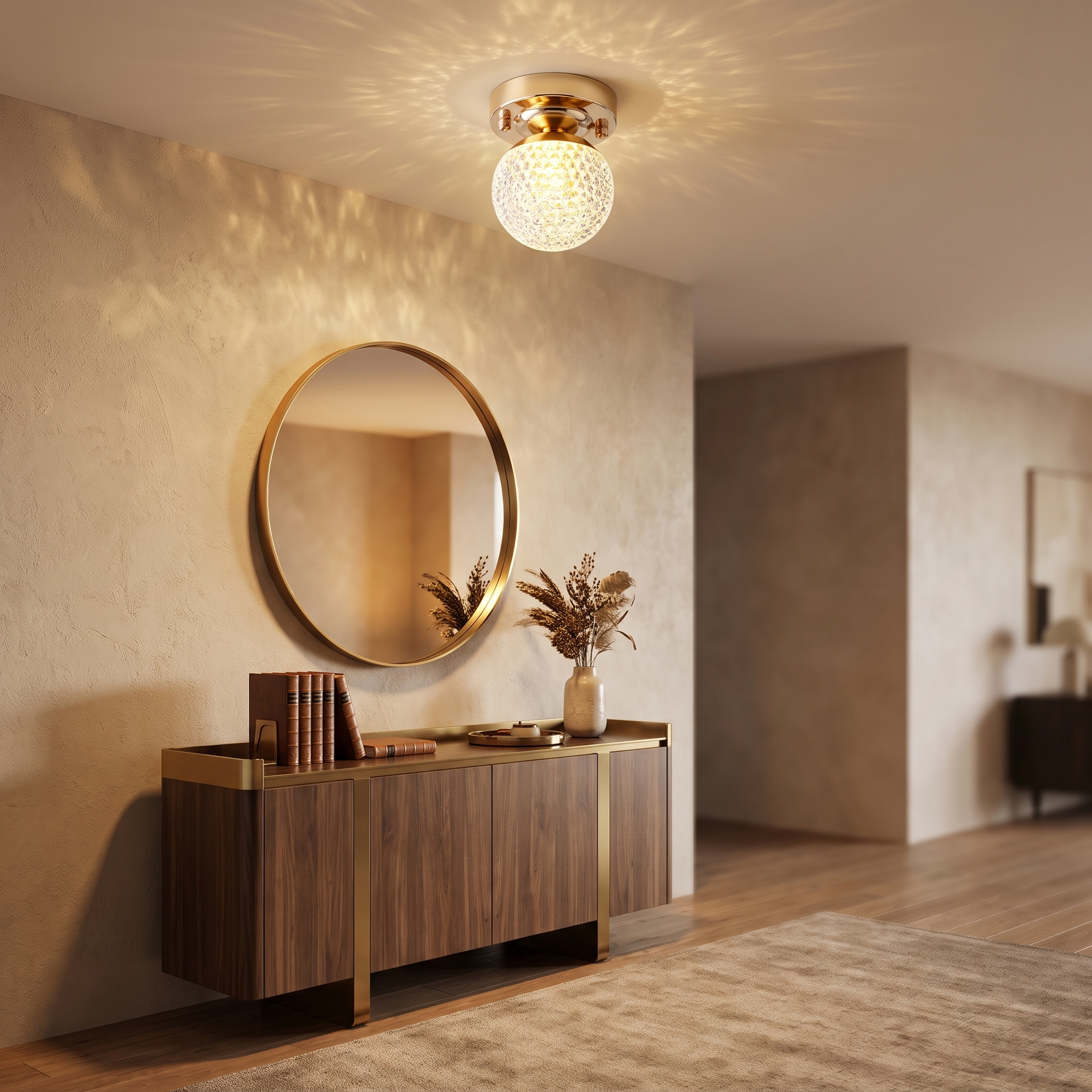 Crystal ball ceiling light in an entryway