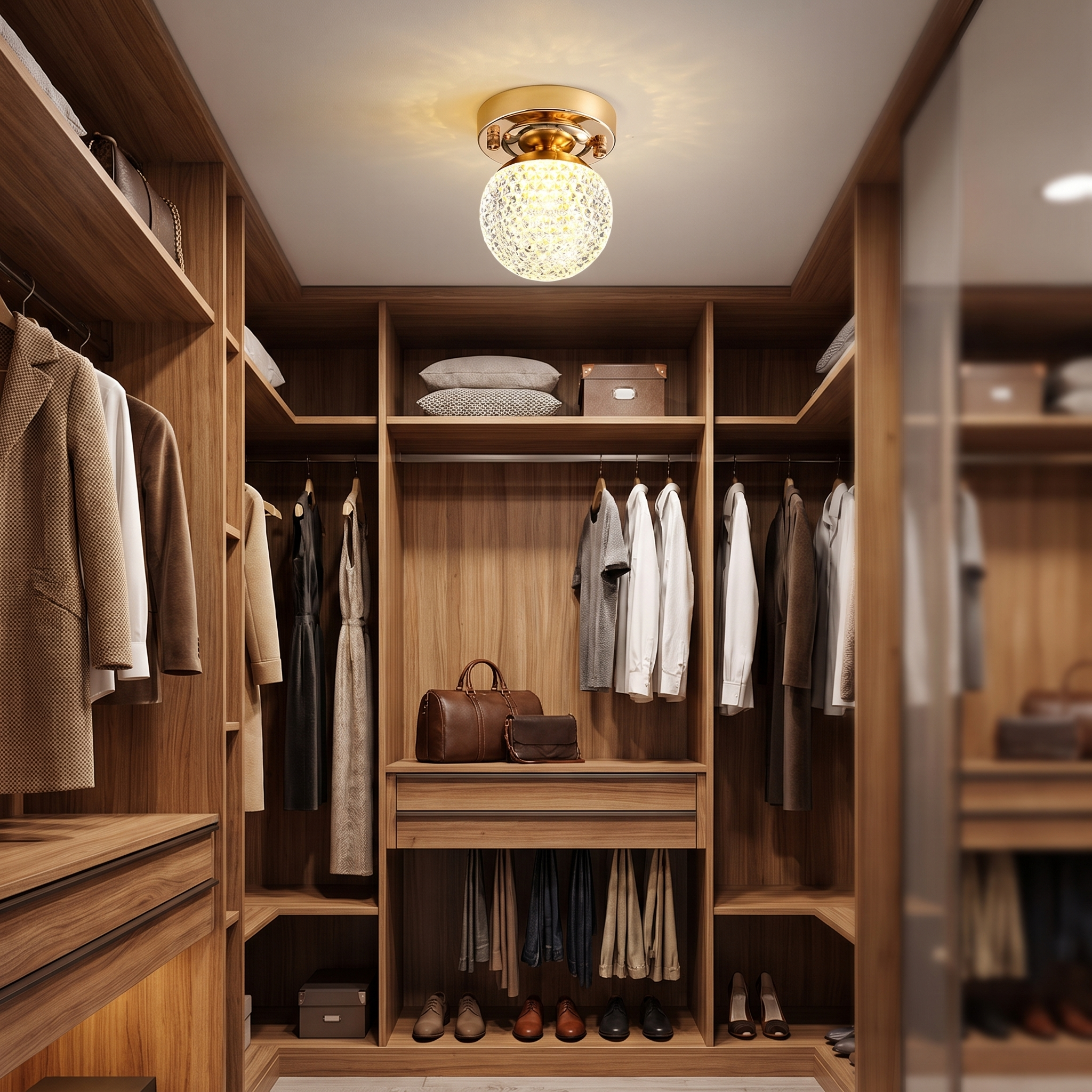 Crystal ball ceiling light in a walk-in closet