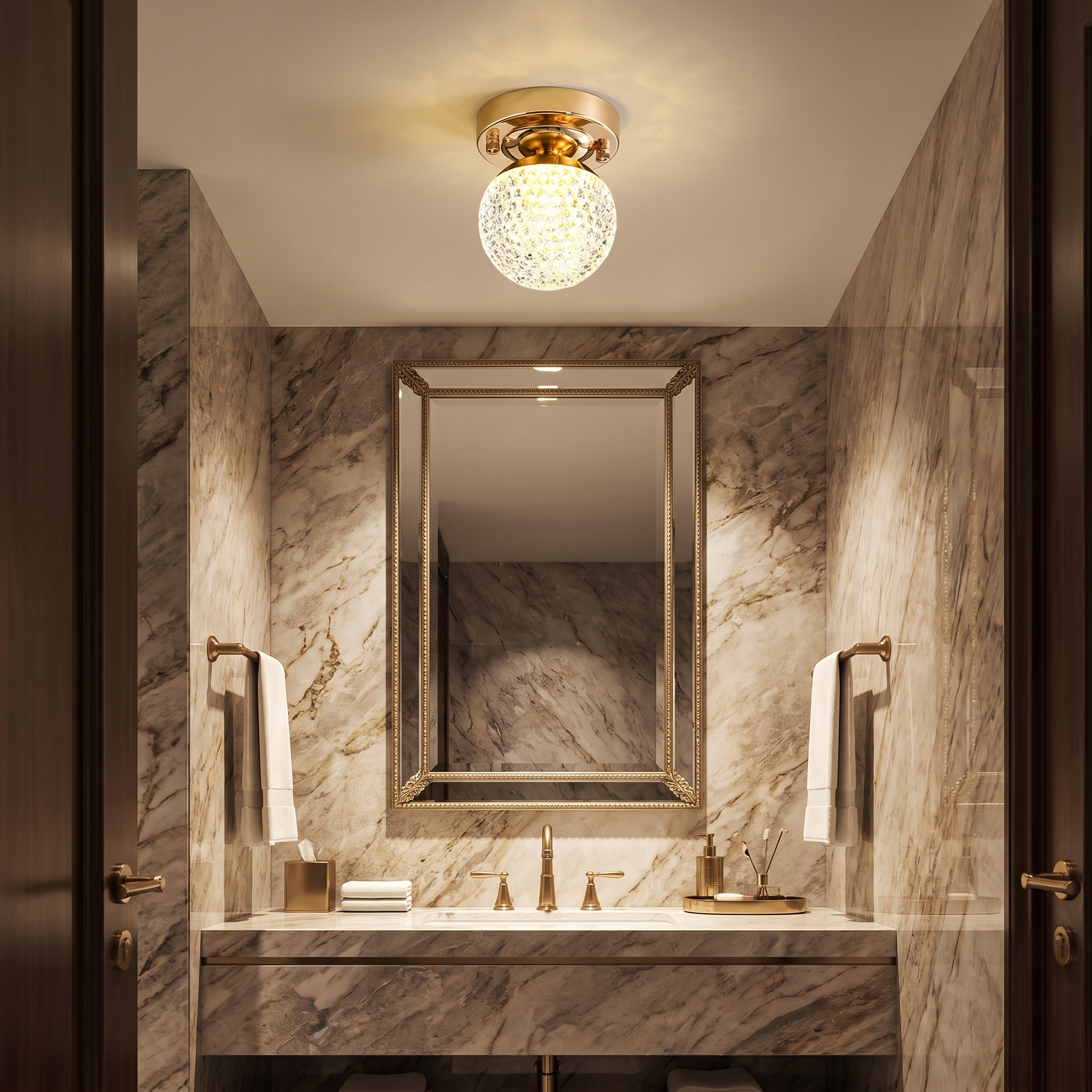 Crystal ball ceiling light in a marble bathroom