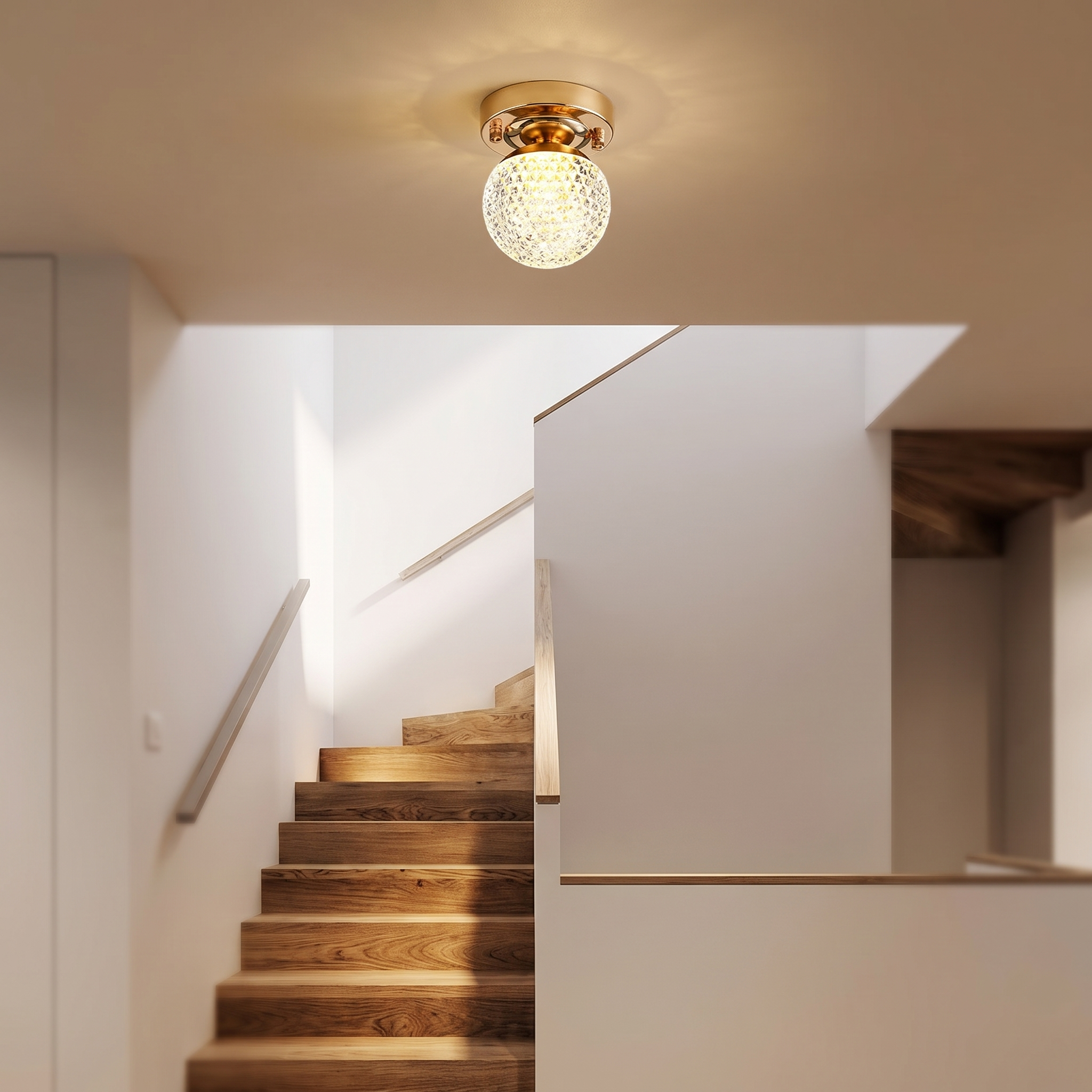 Crystal ball ceiling light over a staircase