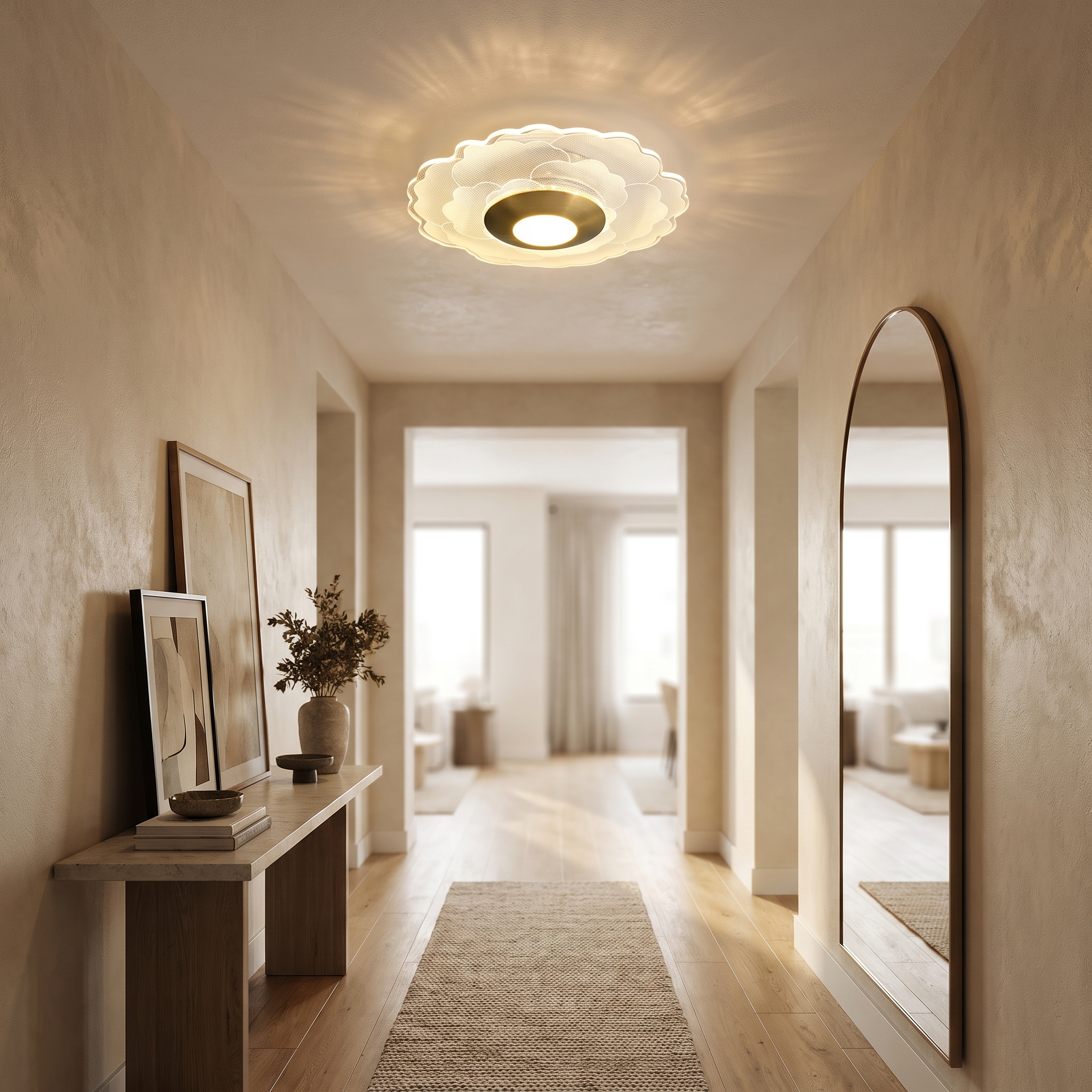 Crystal flower ceiling light in a hallway