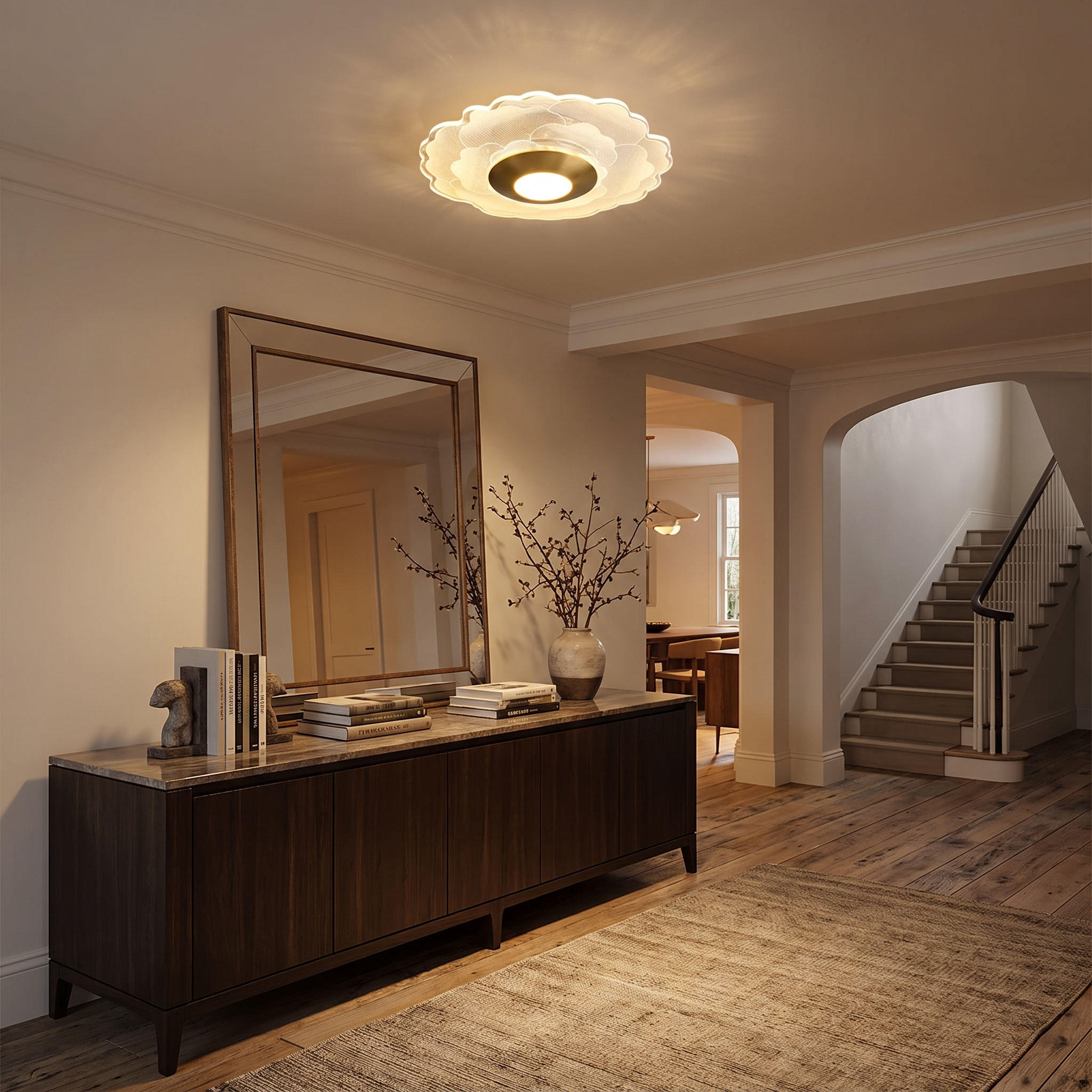 Crystal flower ceiling light in an entryway