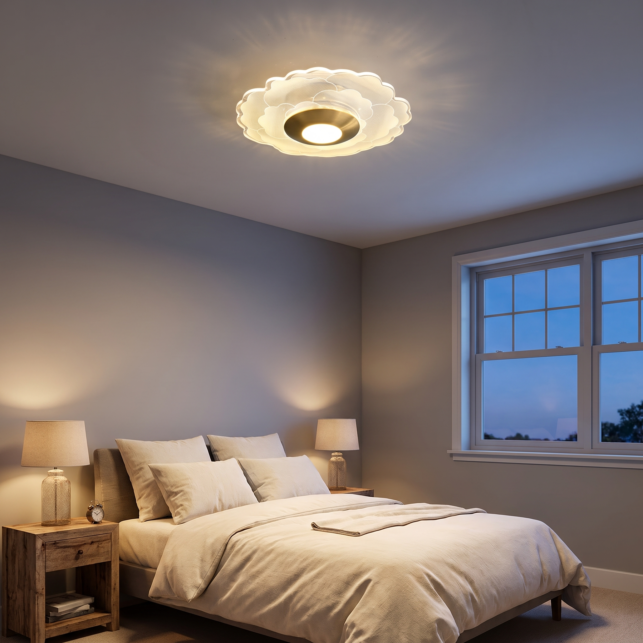Crystal flower ceiling light in a bedroom