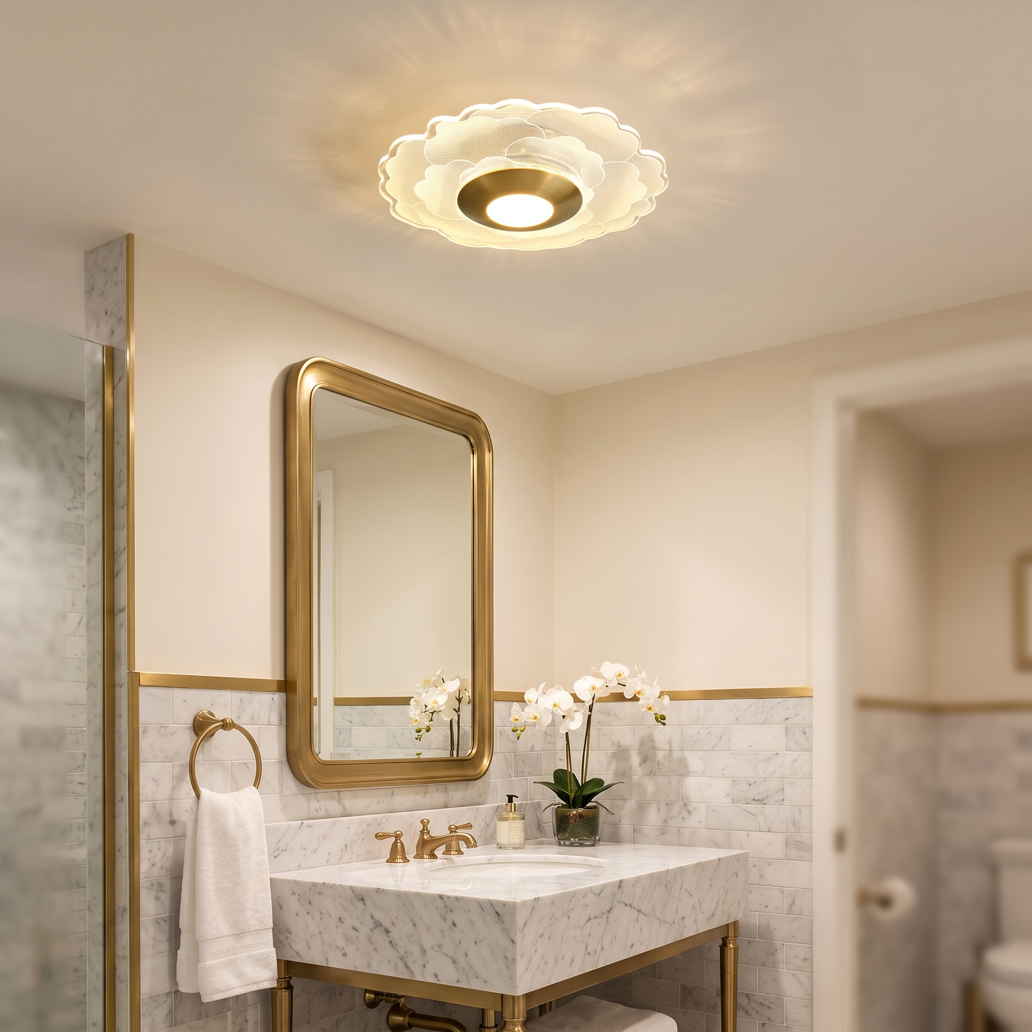 Crystal flower ceiling light in a bathroom
