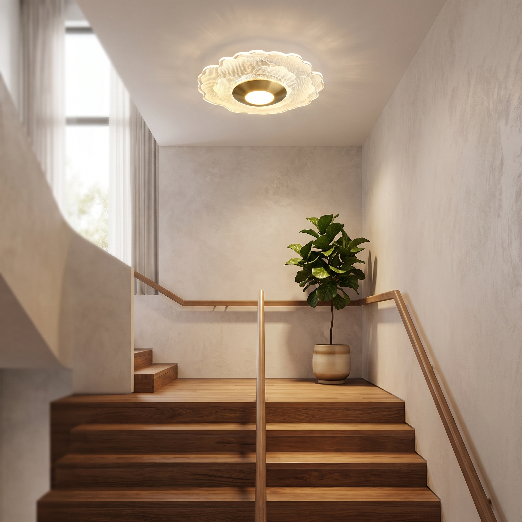 Crystal flower ceiling light over a staircase