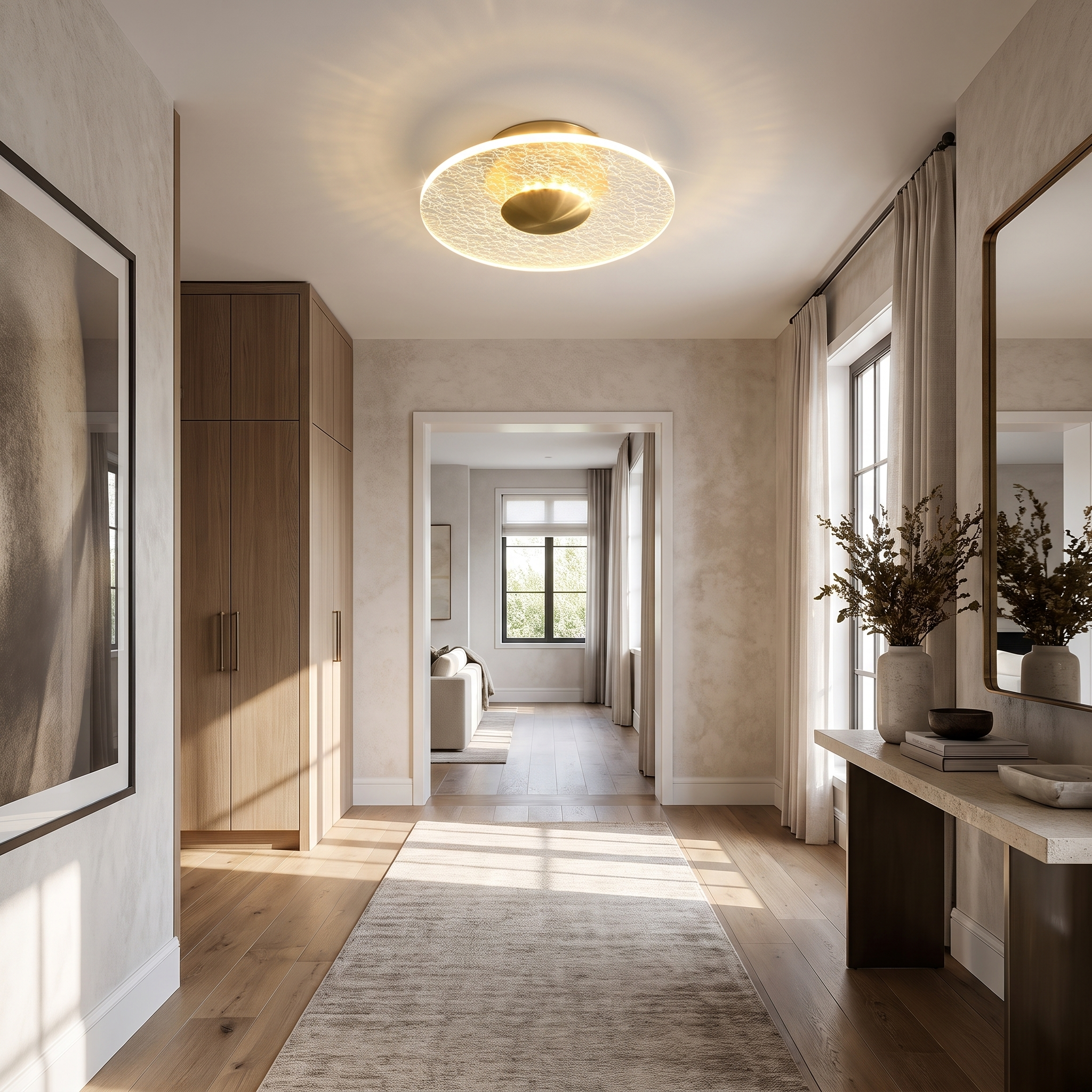 Crystal halo ceiling light in a hallway