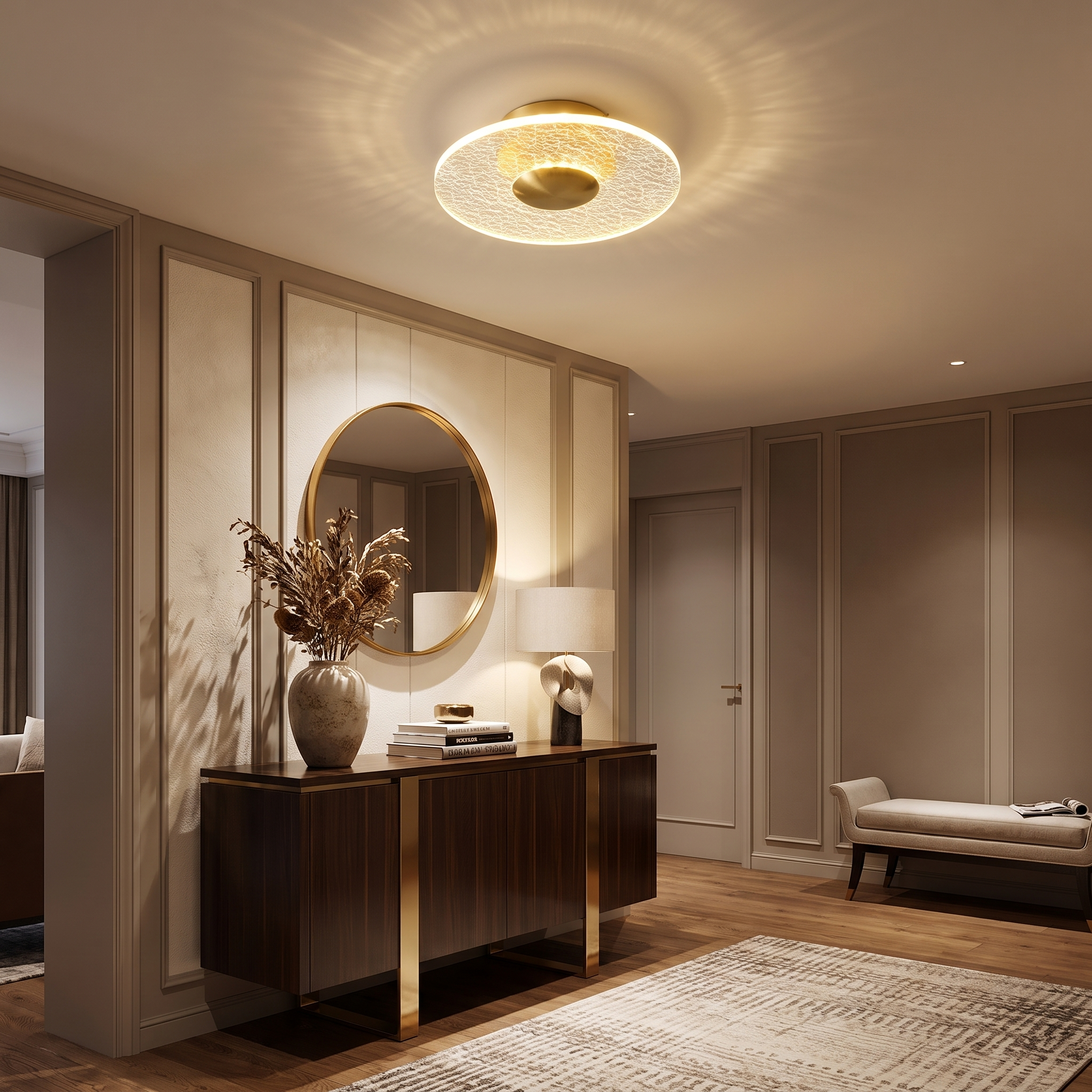 Crystal halo ceiling light in an entryway