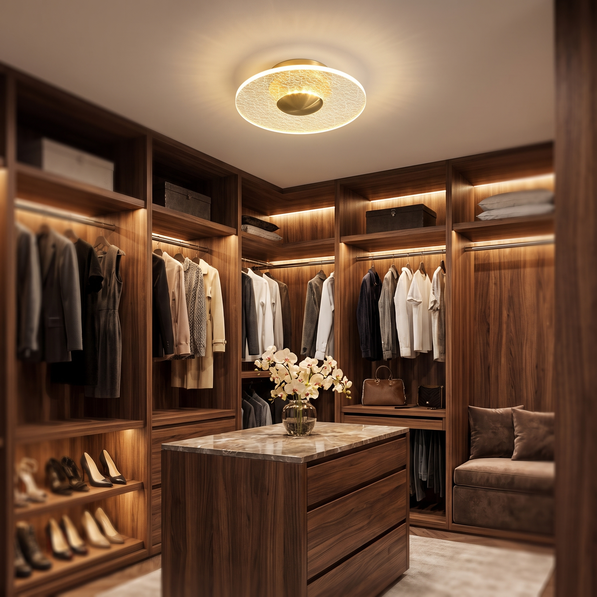 Crystal halo ceiling light in a walk-in closet
