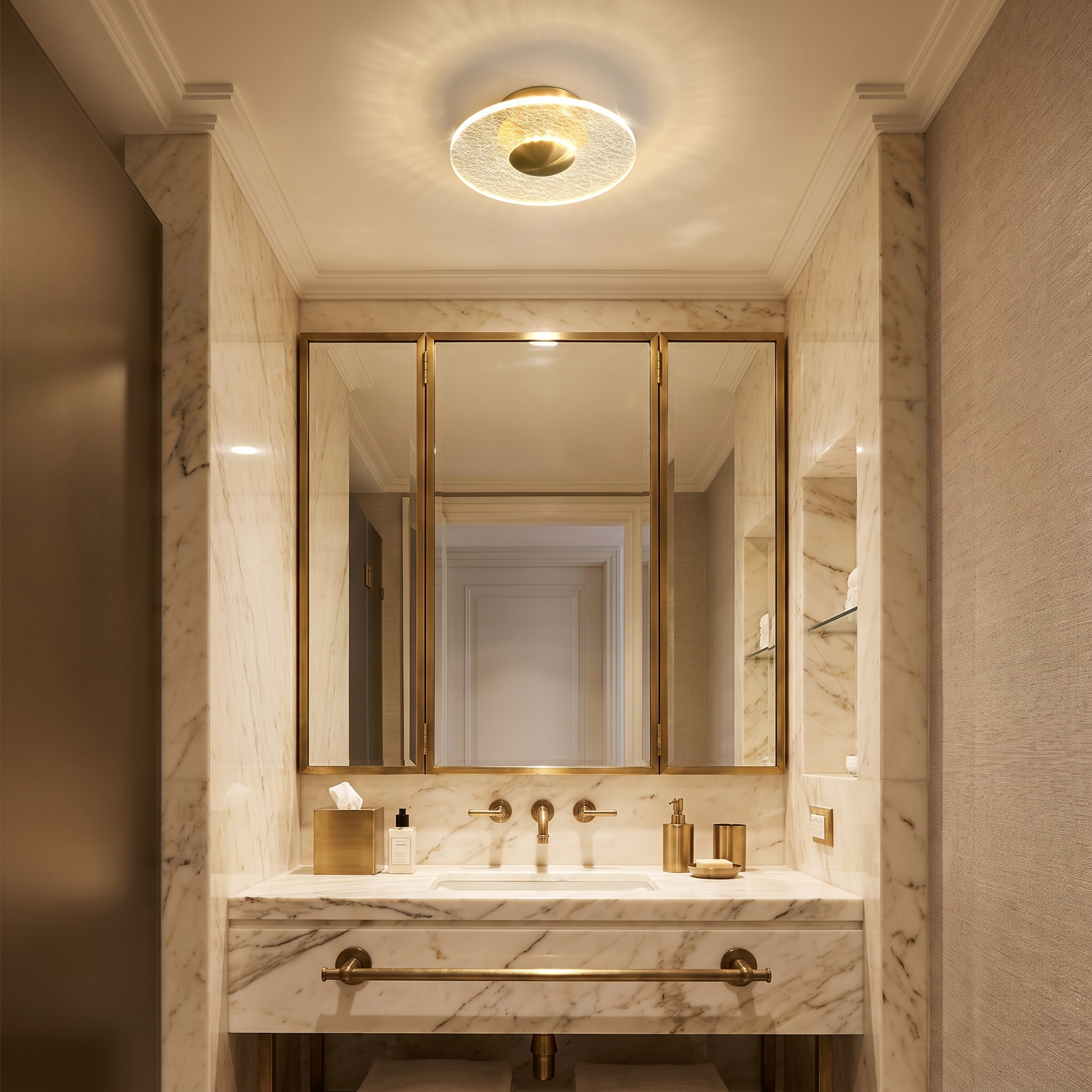 Crystal halo ceiling light in a bathroom