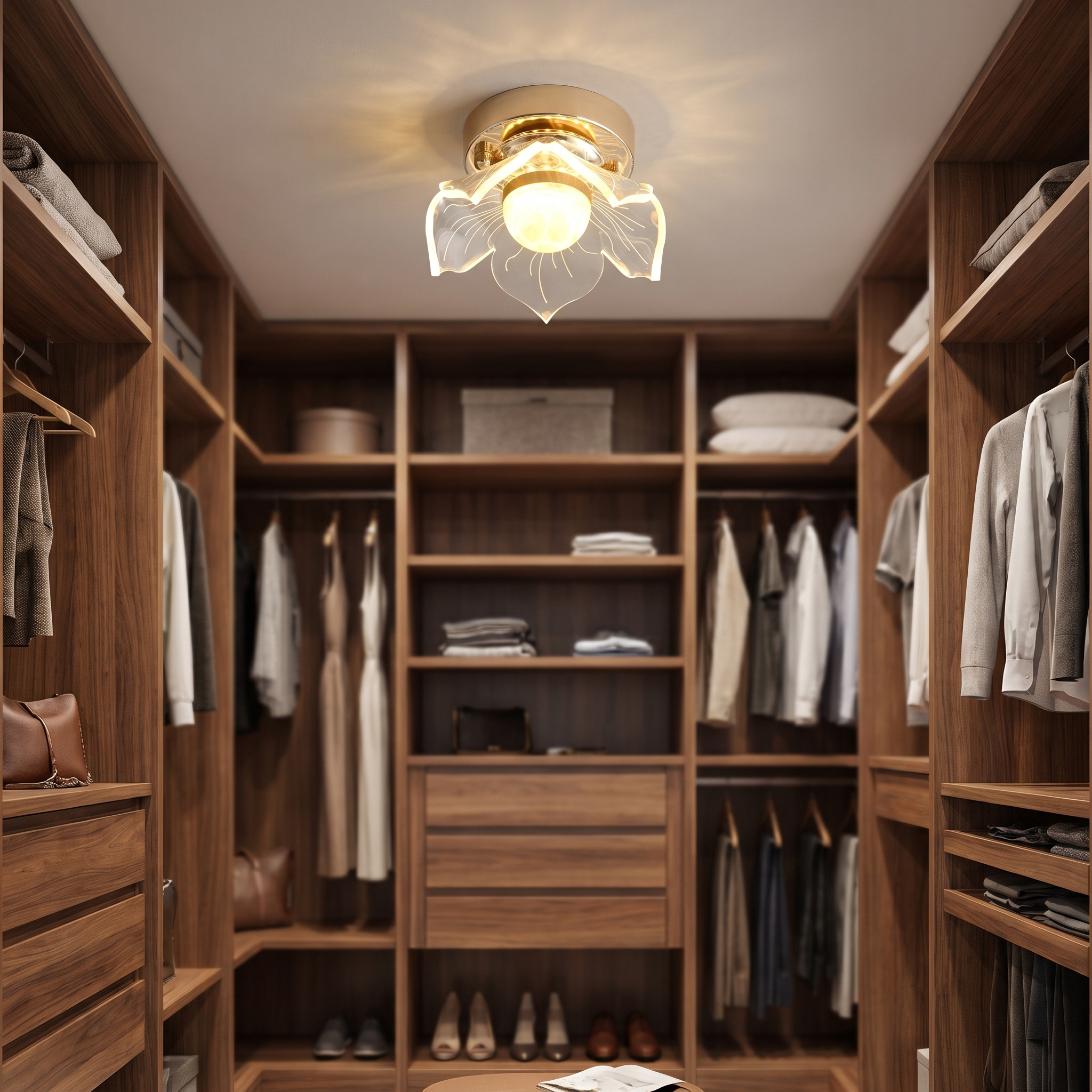 Lotus crystal ceiling light in a walk-in closet