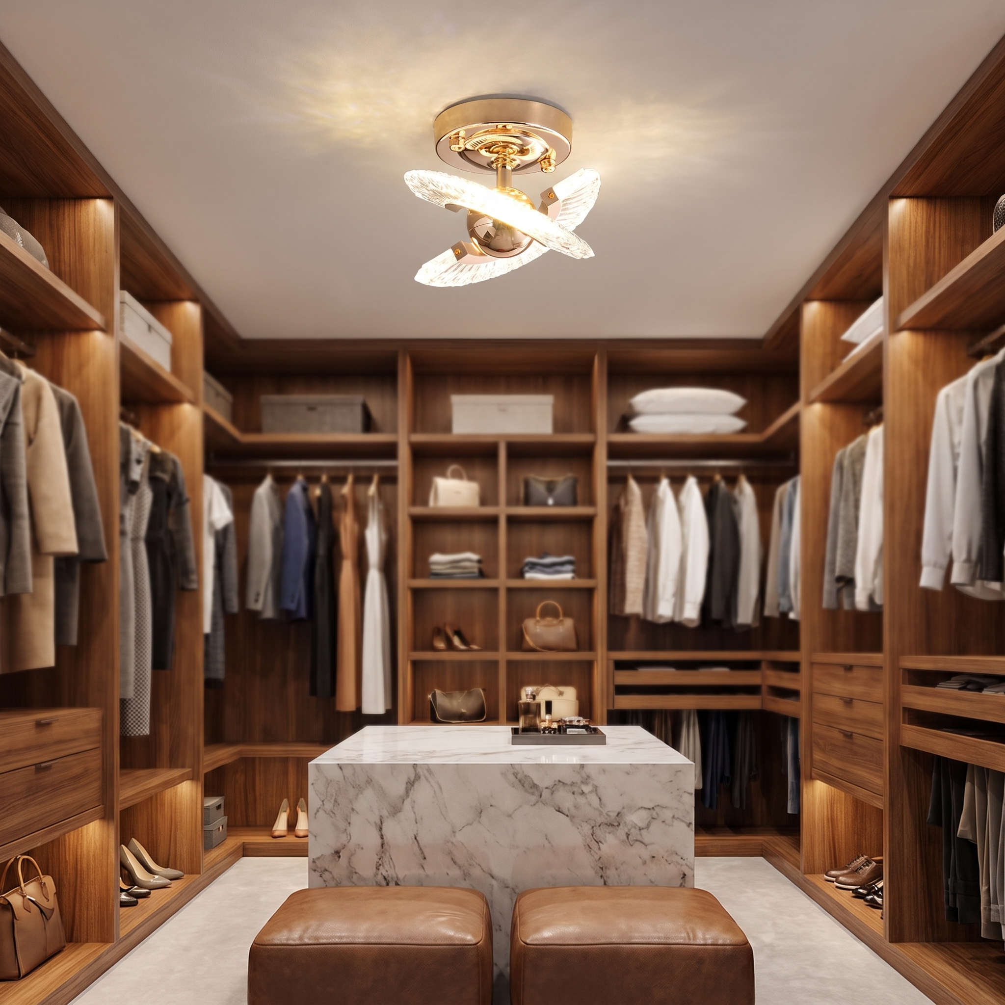 Winged crystal ceiling light in a walk-in closet