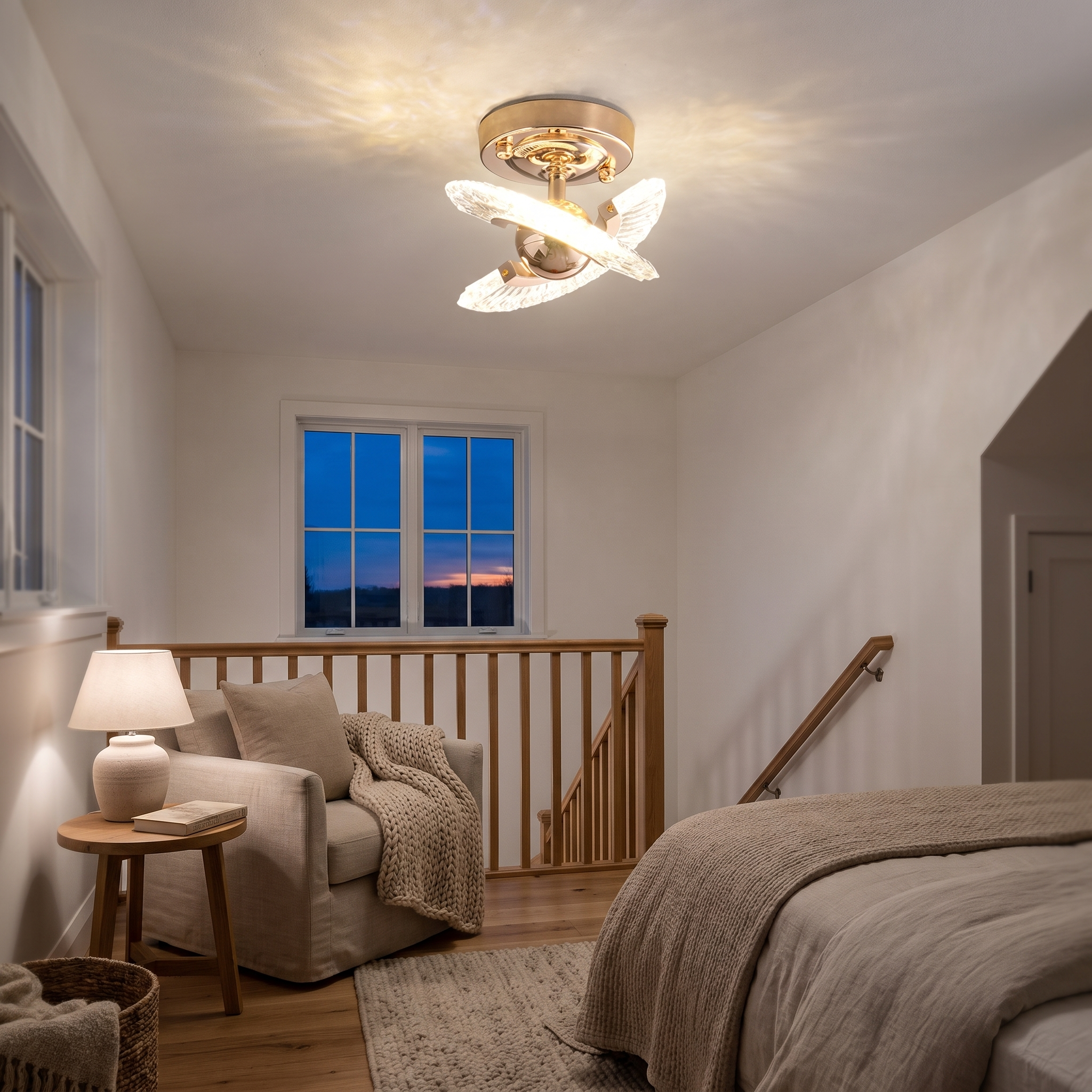 Winged crystal ceiling light in a bedroom