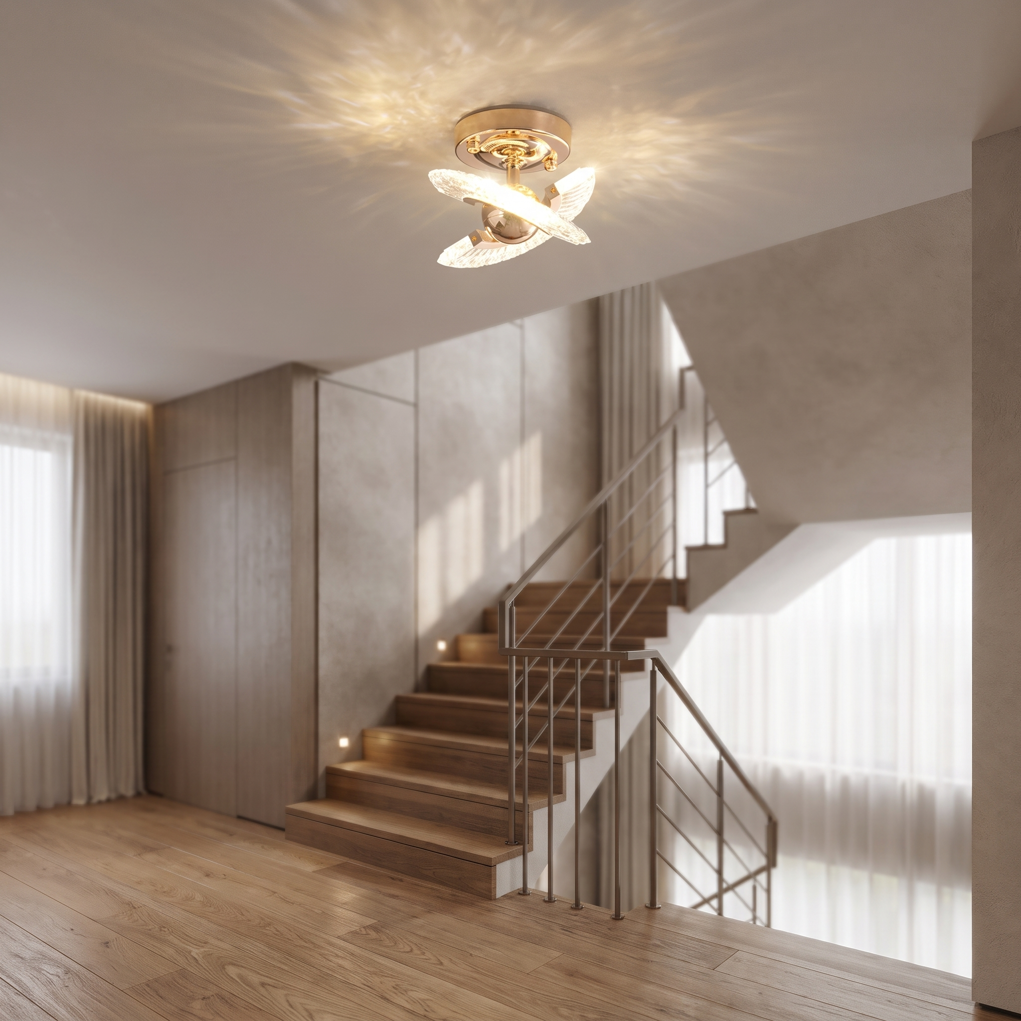Winged crystal ceiling light over a staircase