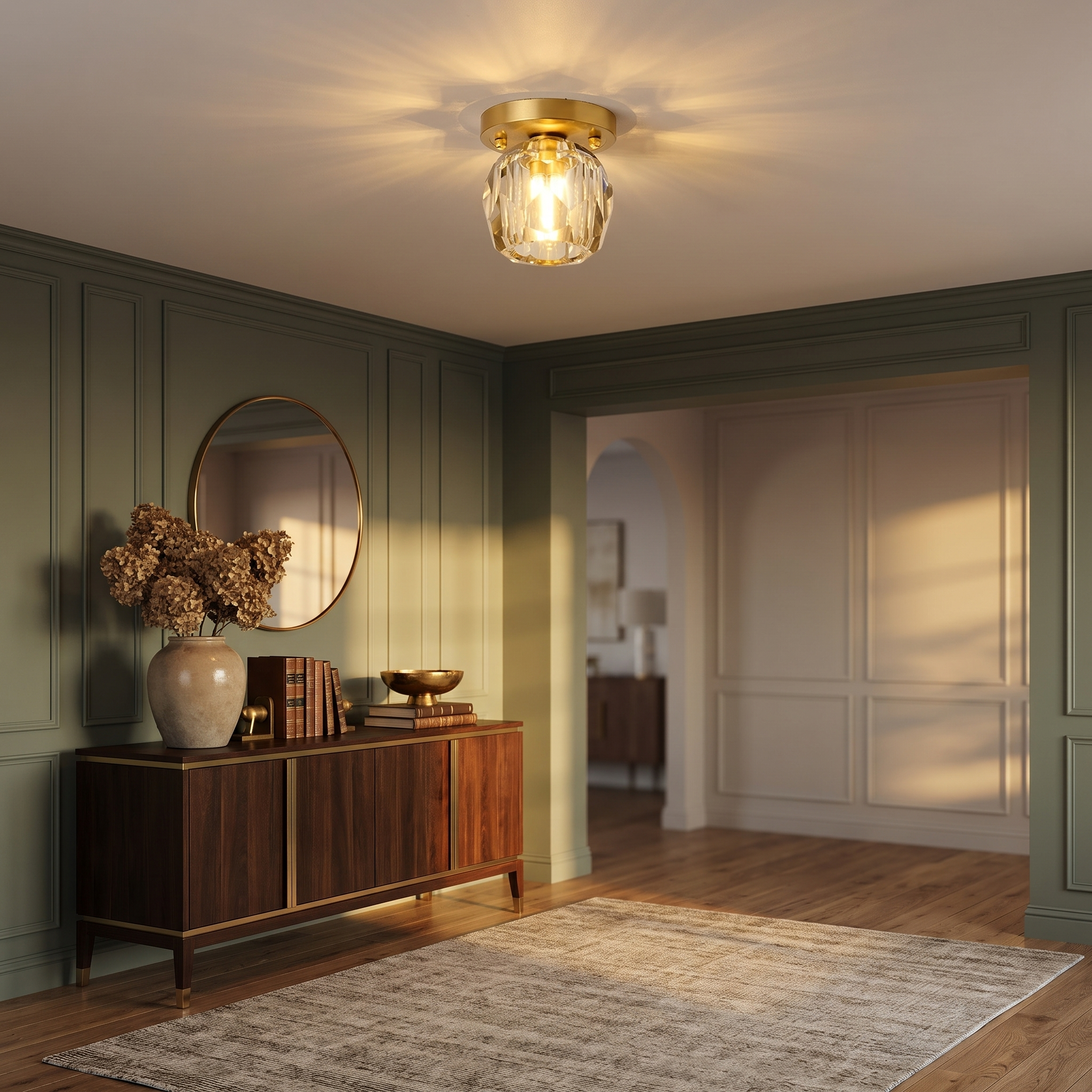 Crystal cylinder ceiling light in an entryway